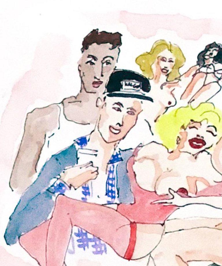 Happy hour at David LaChapelle - One of a kind watercolor, Framed - Pop Art Art by Manuel Santelices