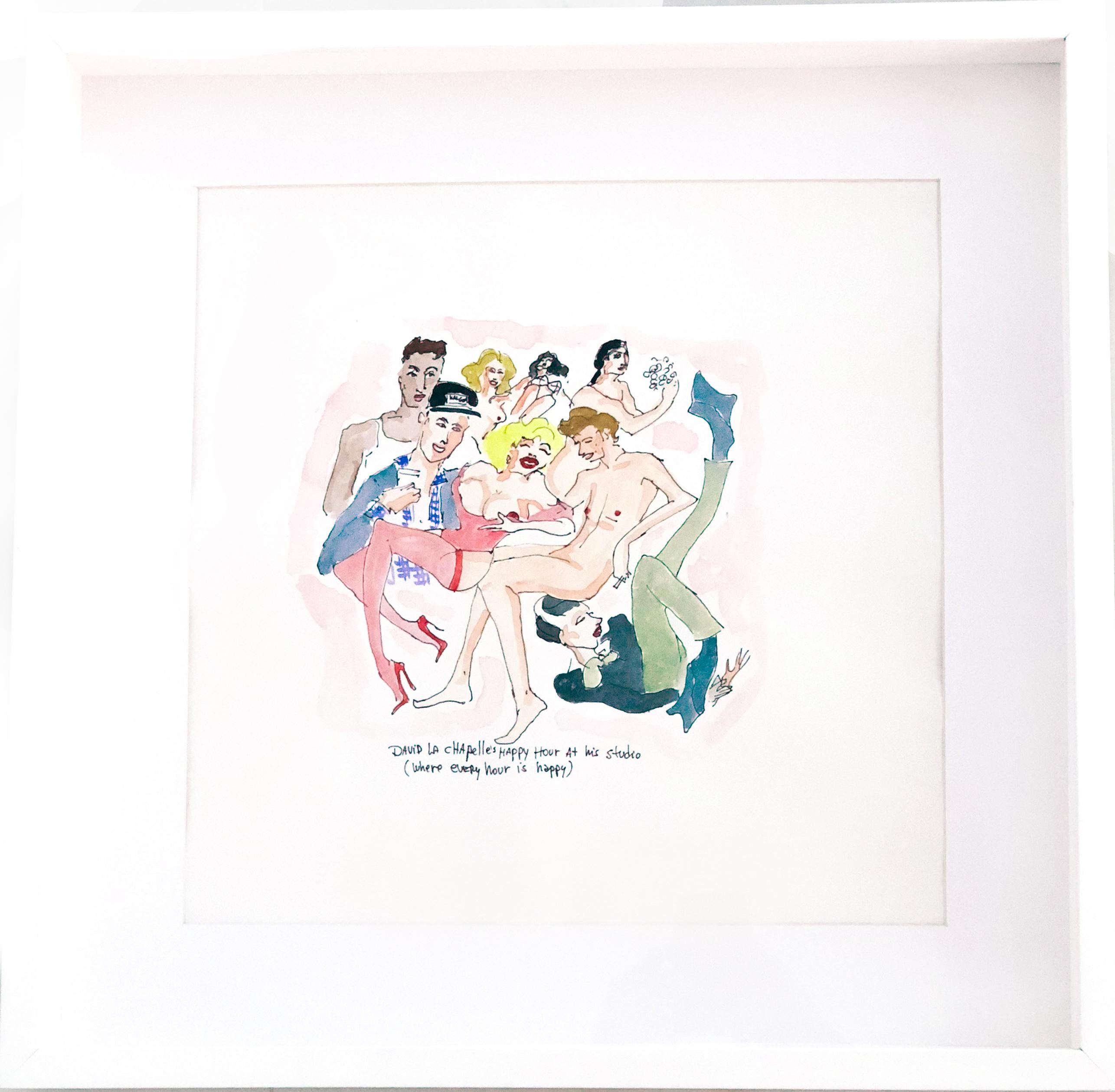Manuel Santelices Figurative Art – Happy hour at David LaChapelle - One of a kind watercolor, Framed