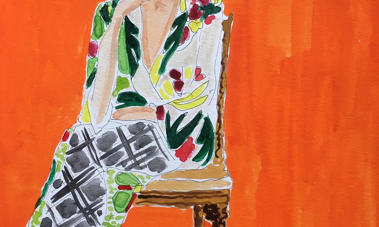 Jackie in Dries - Orange Portrait Painting by Manuel Santelices