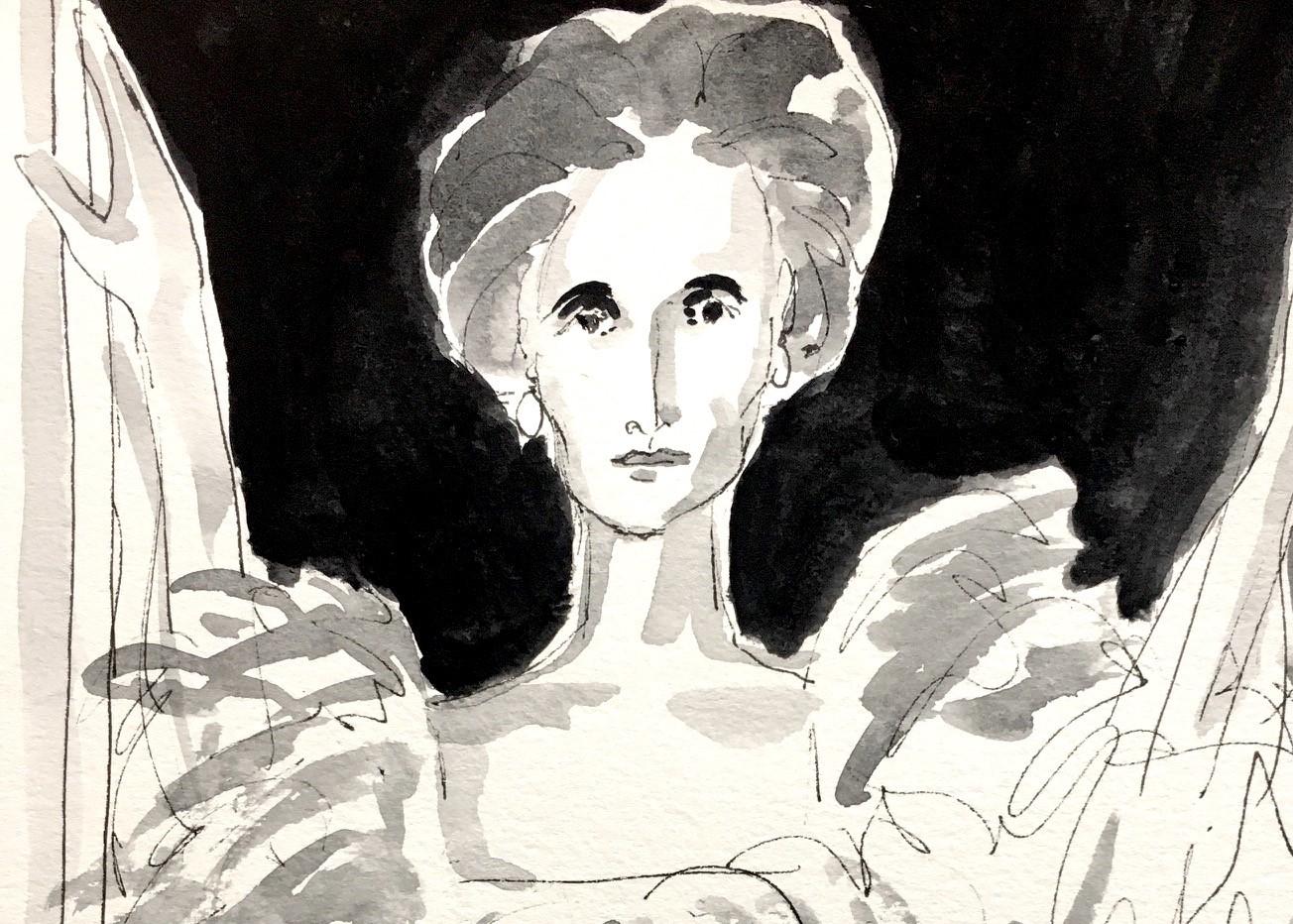 Jane Wrightsman, Portrait. Gouche, Ink, Watercolor on paper. - Art by Manuel Santelices