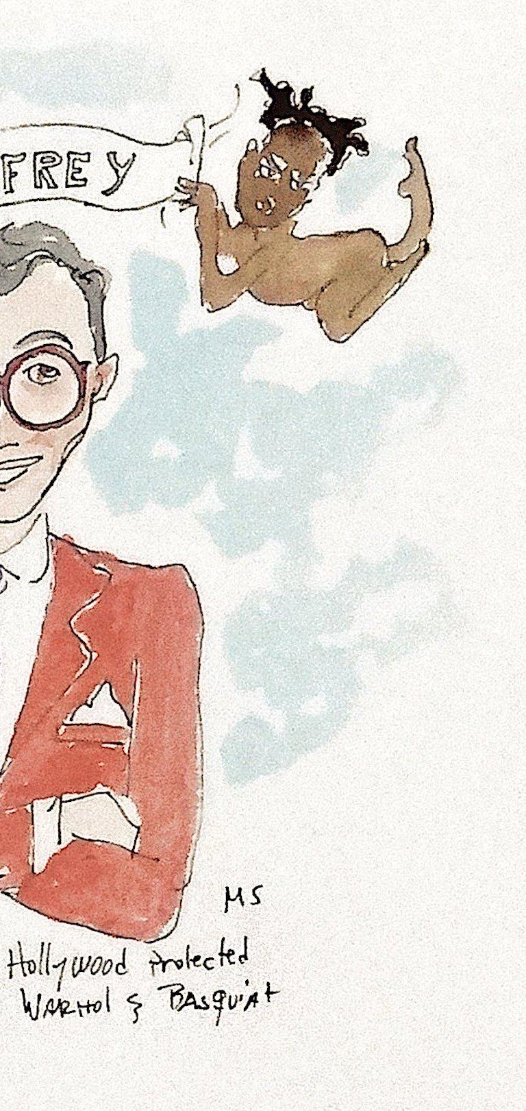 Le marchand d'art Jeffrey Deitch Protected by His Angels Warhol and Basquiat - Beige Figurative Art par Manuel Santelices