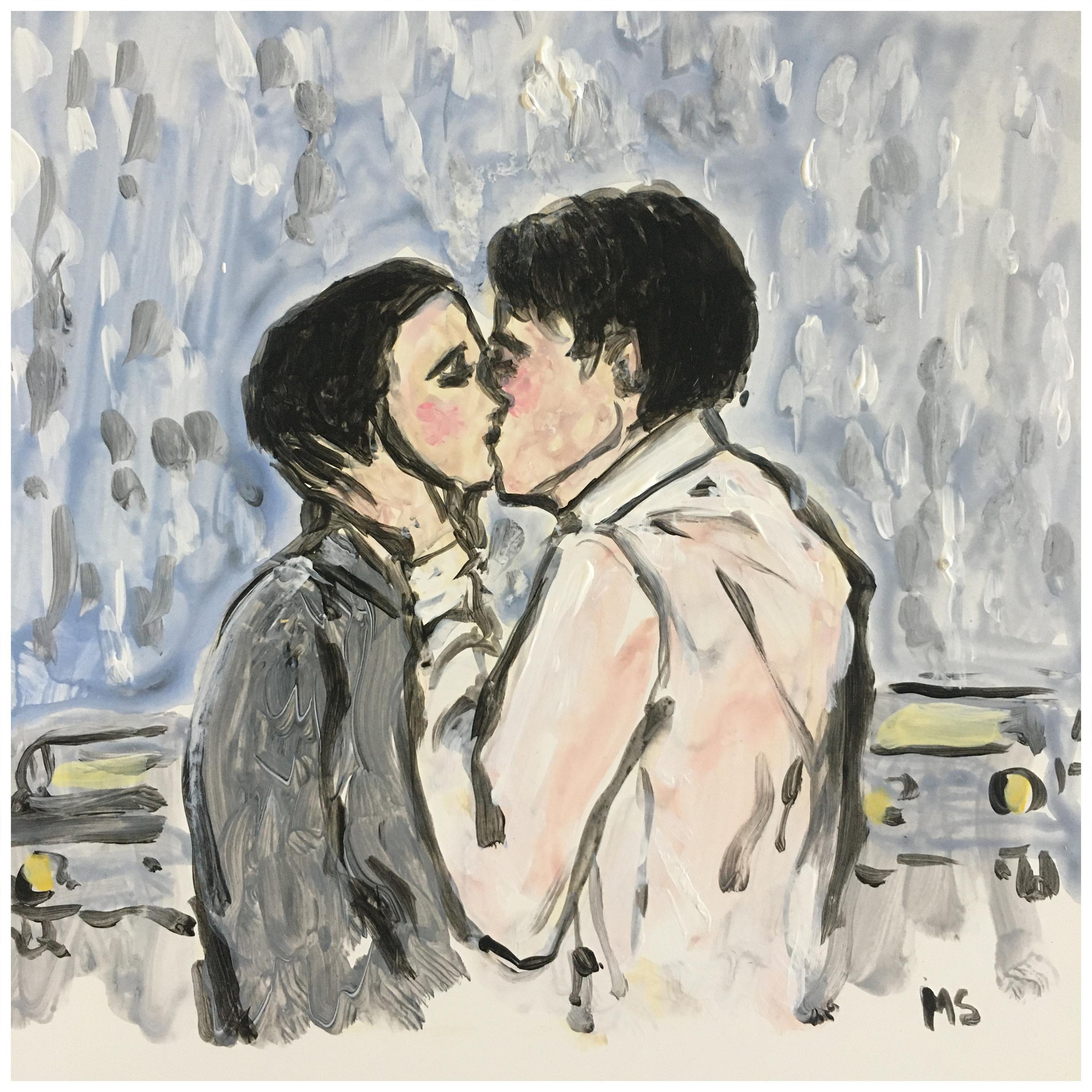 Manuel Santelices Figurative Painting - Kiss, Acrylic on Canvas.  Watercolor on archive paper.