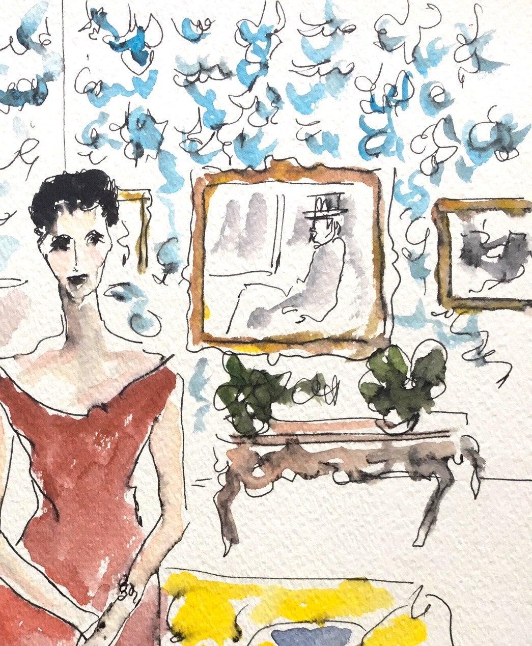 Lunch at the Ritz, and Babe Paley at Home, Set - Beige Portrait Painting by Manuel Santelices