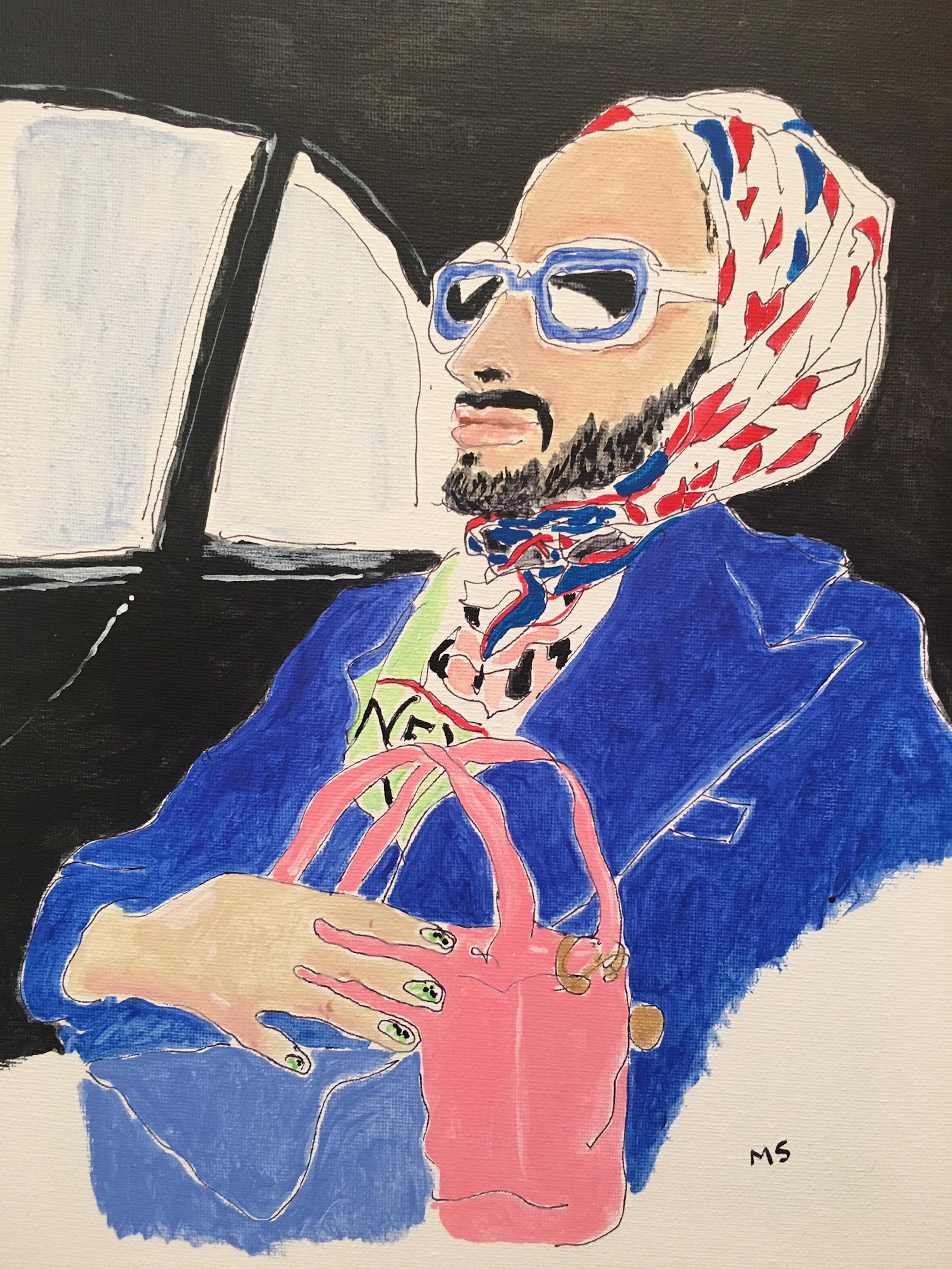 Marc Jacobs, blue,  Portrait.  Acrylic on canvas  painting mounted on stretcher 