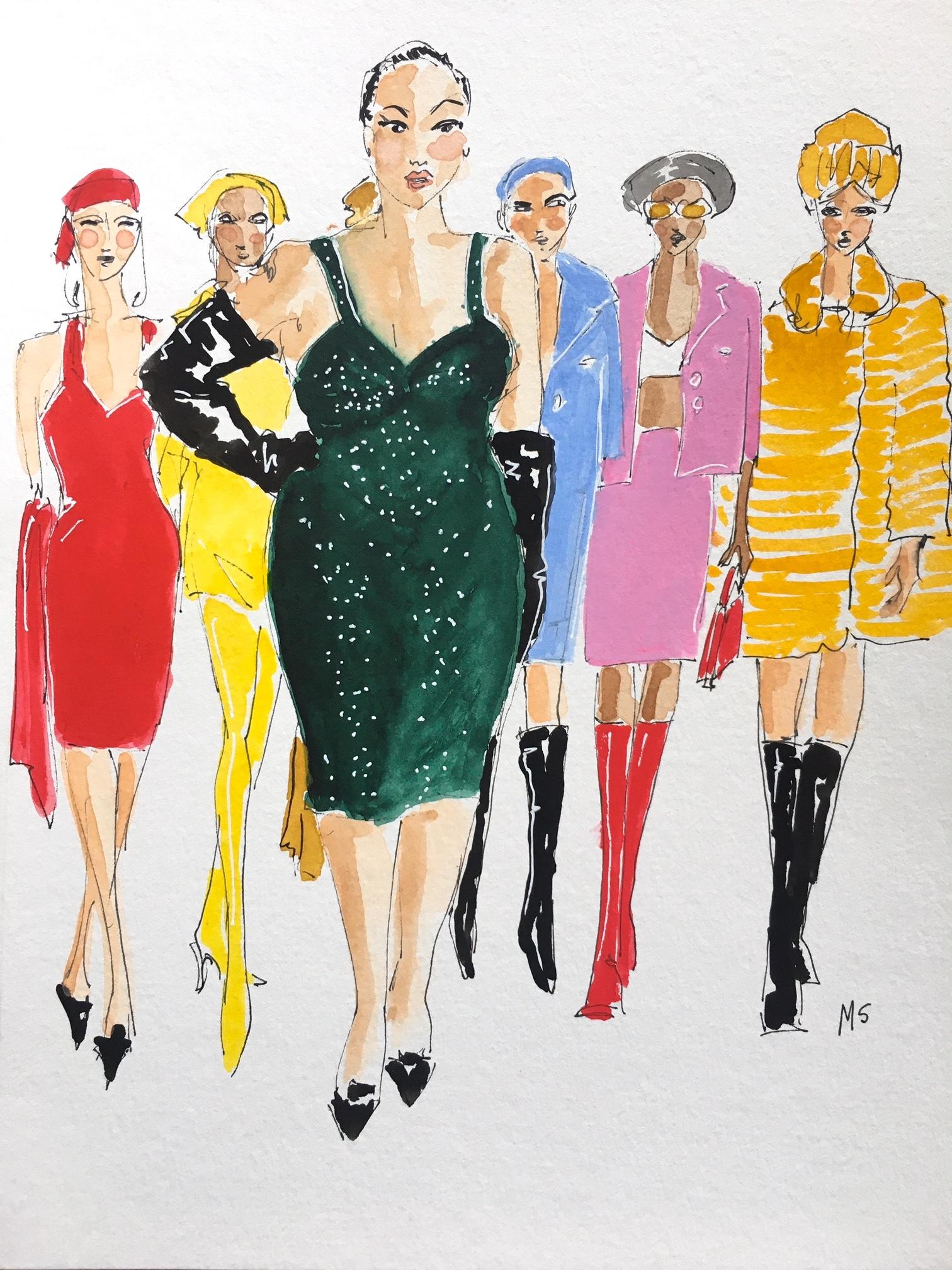 Marc Jacobs - Modèles de défilé de mode d'automne, dessin de mode à l'aquarelle sur papier - Art de Manuel Santelices