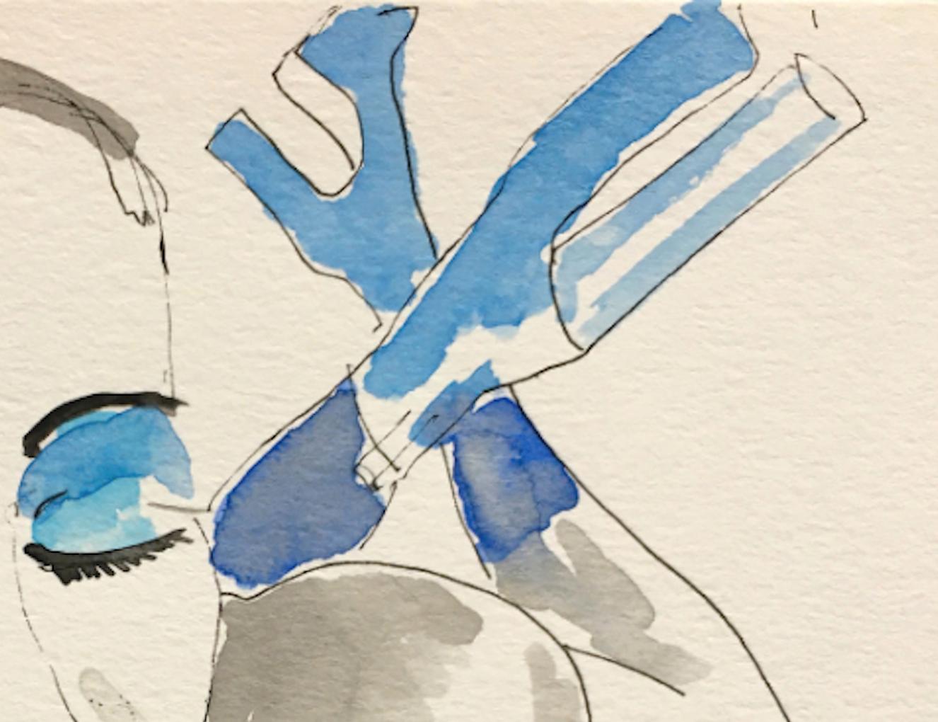 Fashion designer Marc Jacobs blue shadow, Portrait. Watercolor on paper - Painting by Manuel Santelices