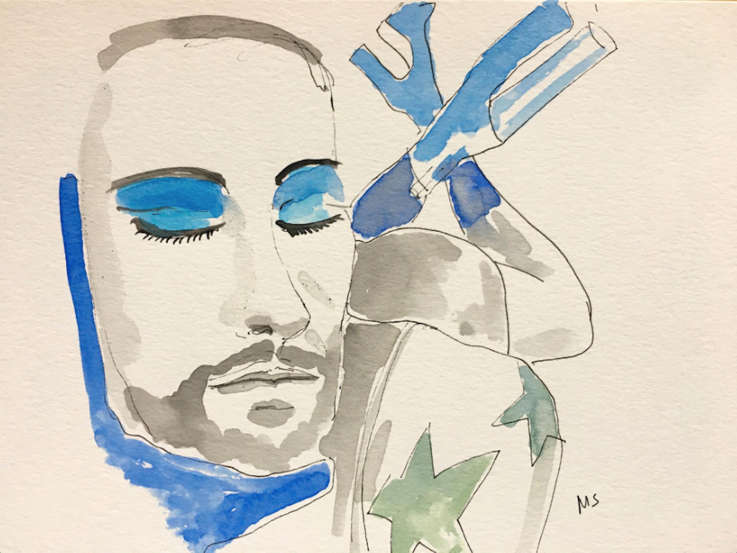 Portrait du créateur de mode Marc Jacobs, ombre bleue. Aquarelle sur papier