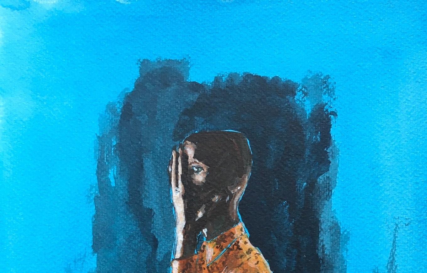 Un mannequin portant une « chemise orange ». Peinture à l'encre et aquarelle sur papier - Bleu Figurative Painting par Manuel Santelices