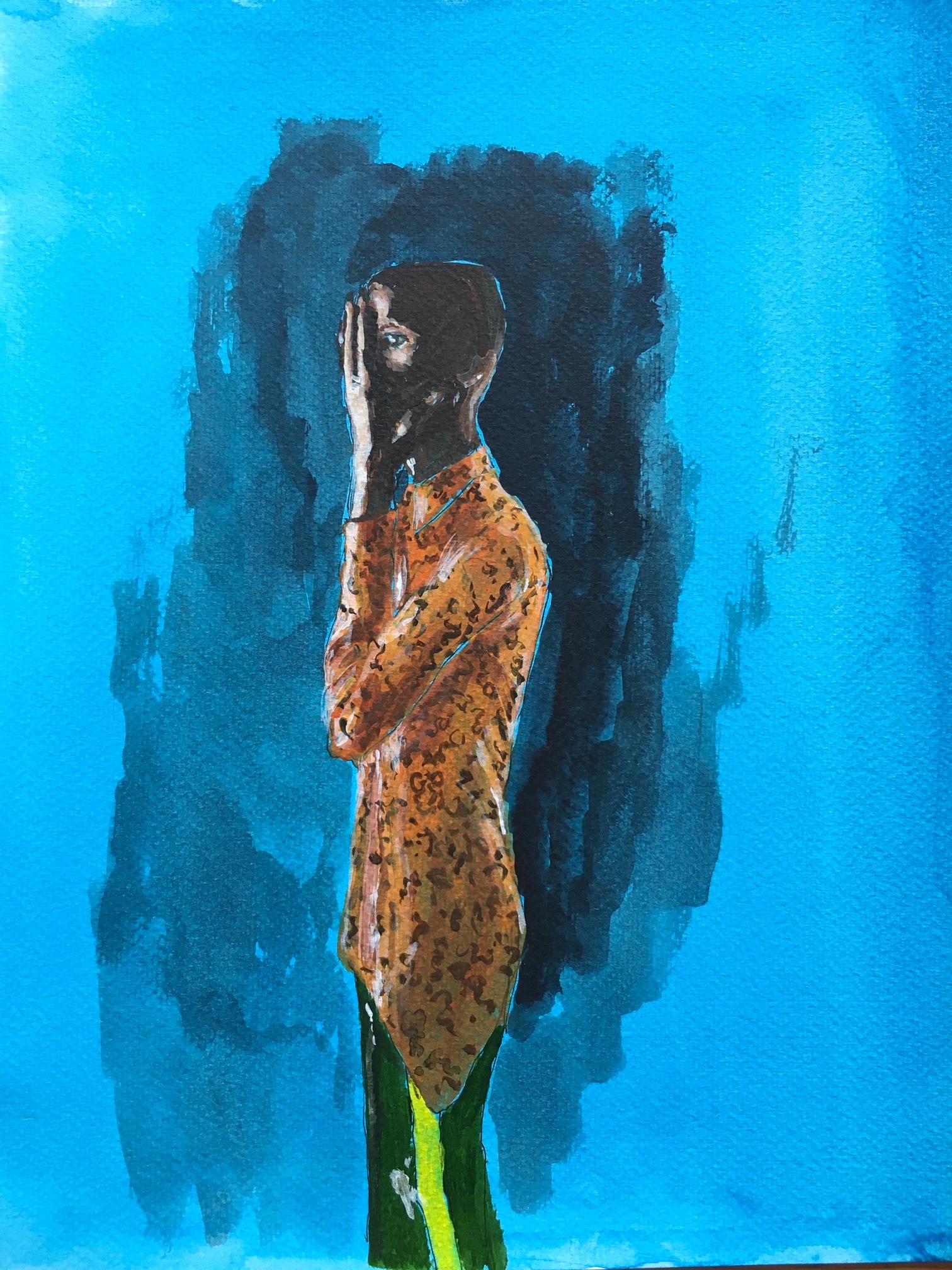 Ein Model mit und orangefarbenem Hemd. Tusche, Tinte und Aquarell auf Papier – Painting von Manuel Santelices