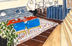 The collector’s house blue. Gouche, ink, watercolor painting