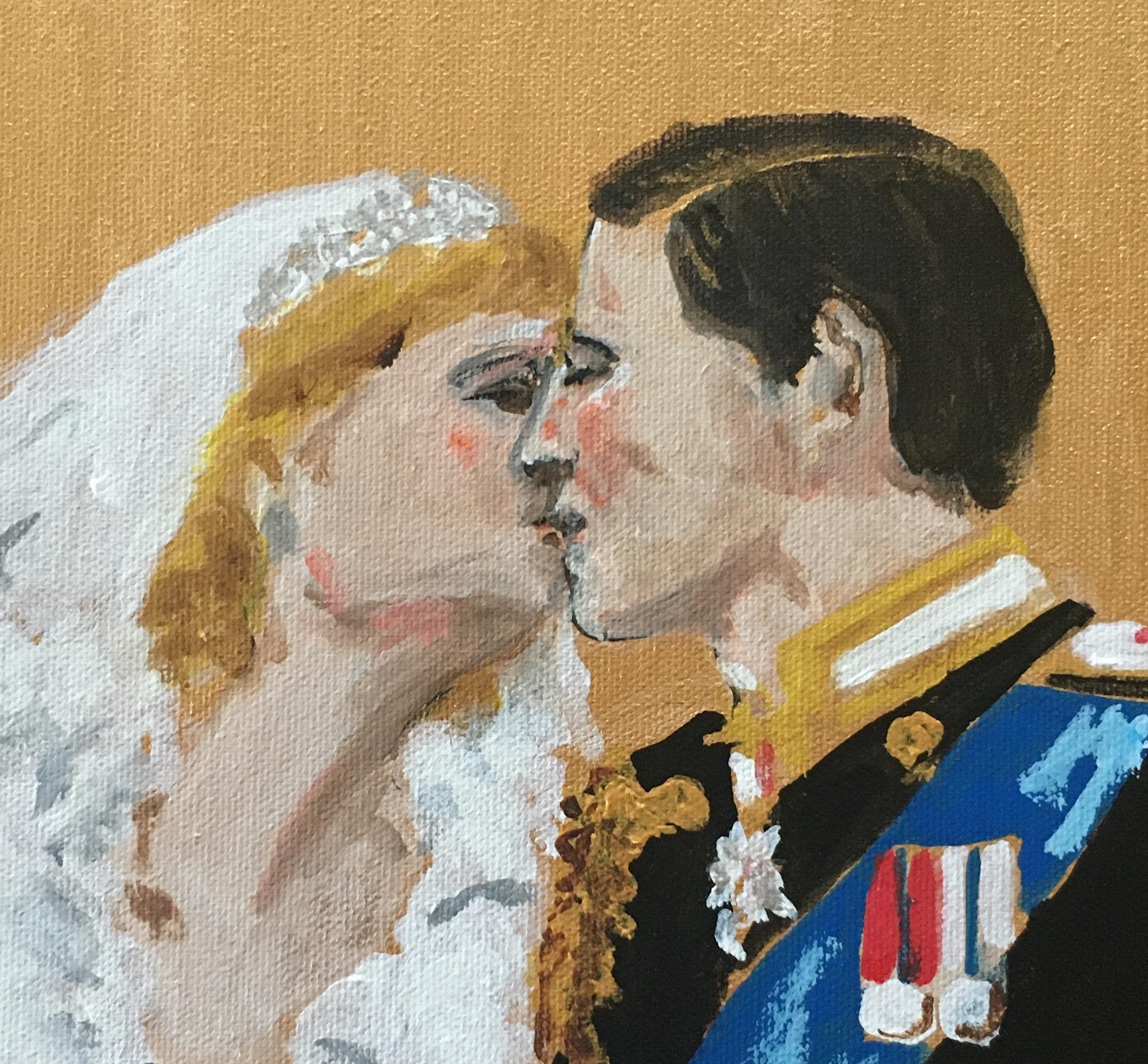 The Kiss, Princes Diana and Principe Charles weading kiss. Acrylic on Canvas. - Painting by Manuel Santelices