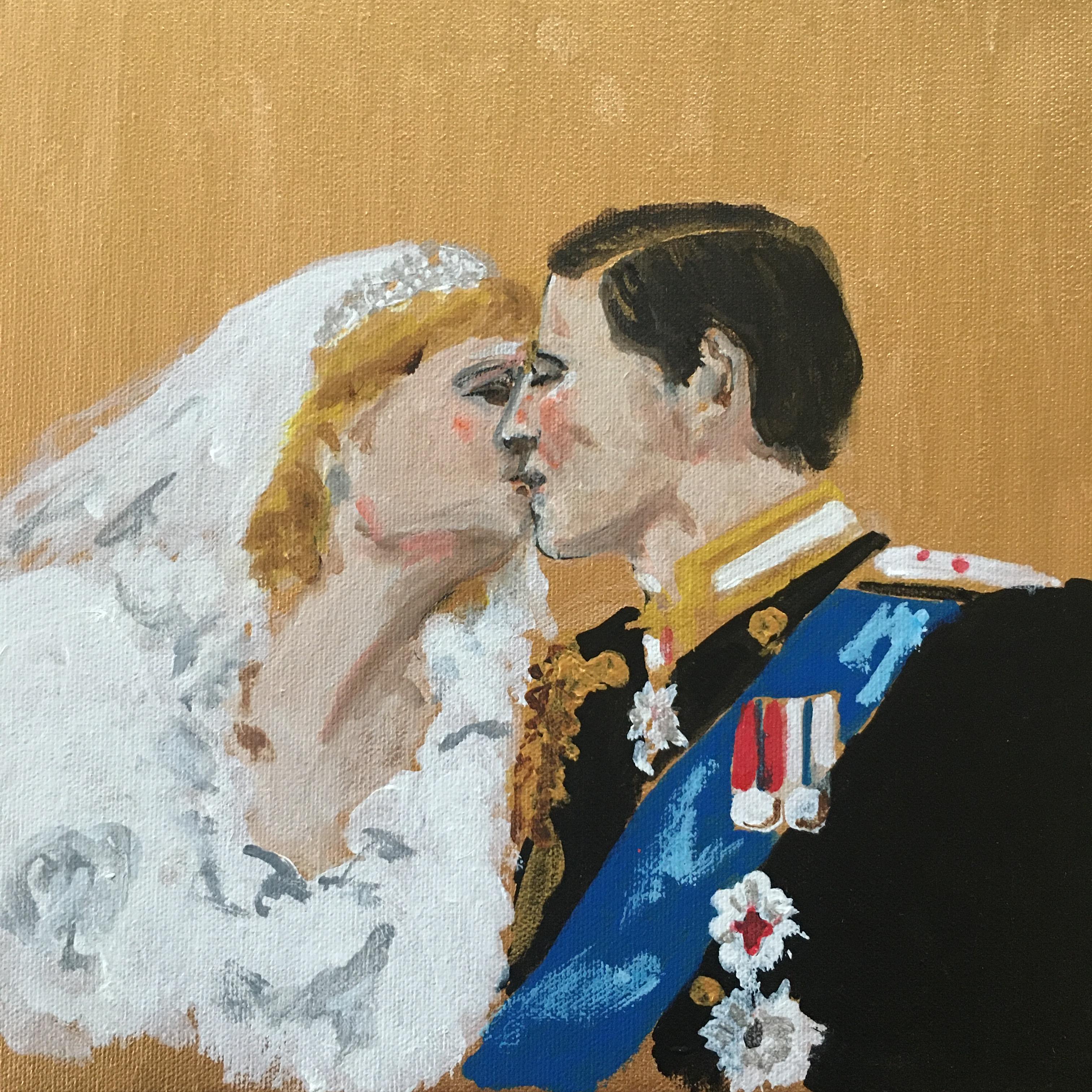 Manuel Santelices Portrait Painting - The Kiss, Princes Diana and Principe Charles weading kiss. Acrylic on Canvas.