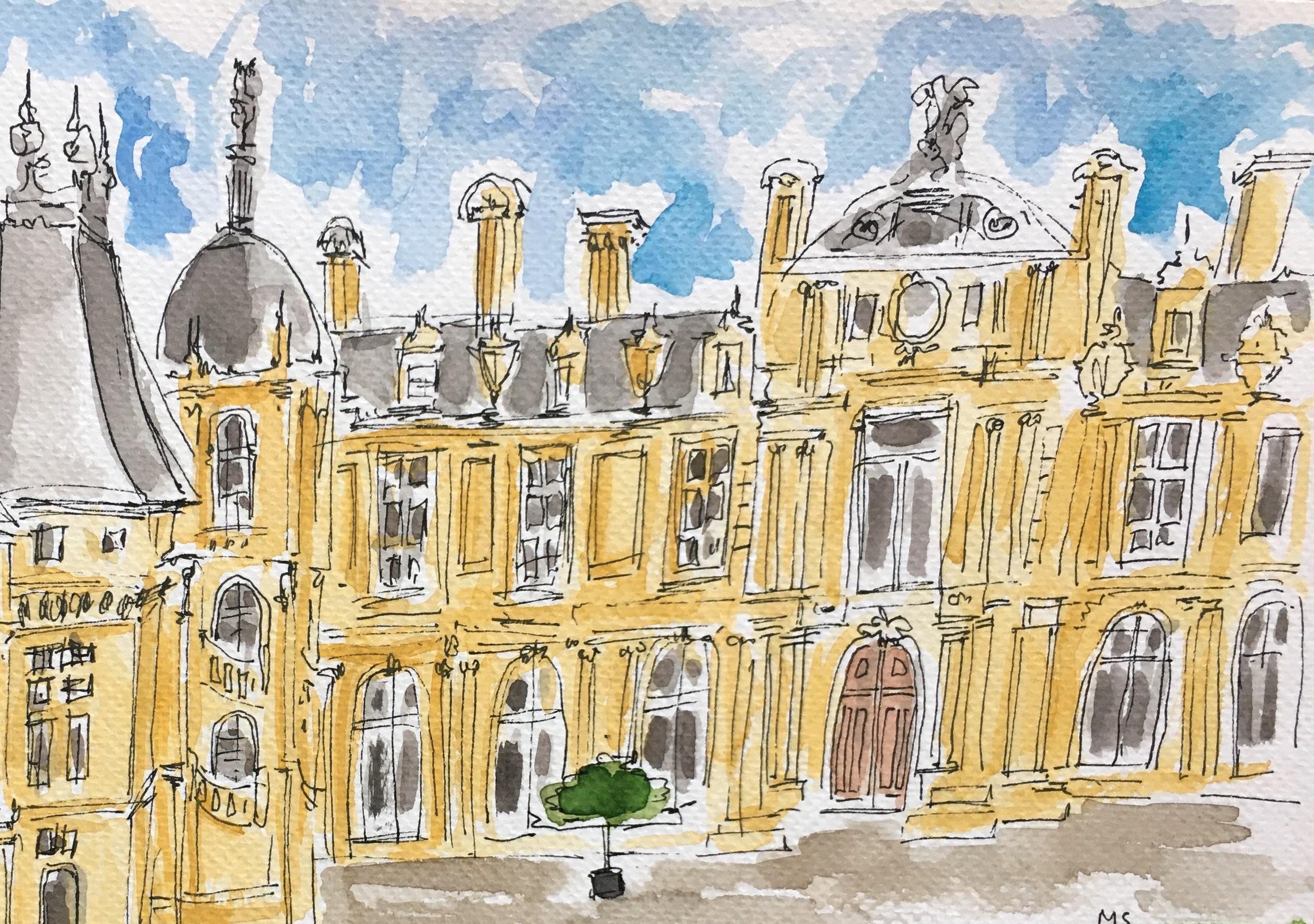 Der Palast. Tusche, Tinte und Aquarell auf Papier-Gemälde – Art von Manuel Santelices