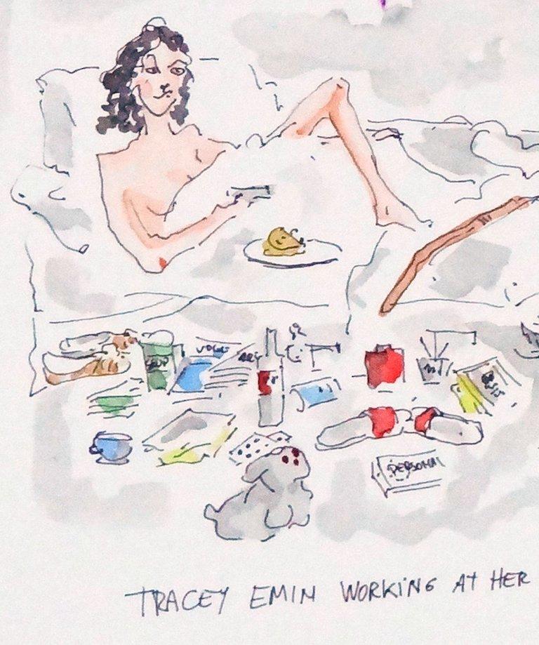 Artist Tracey Emin Working. Watercorlor on paper. For Sale 1