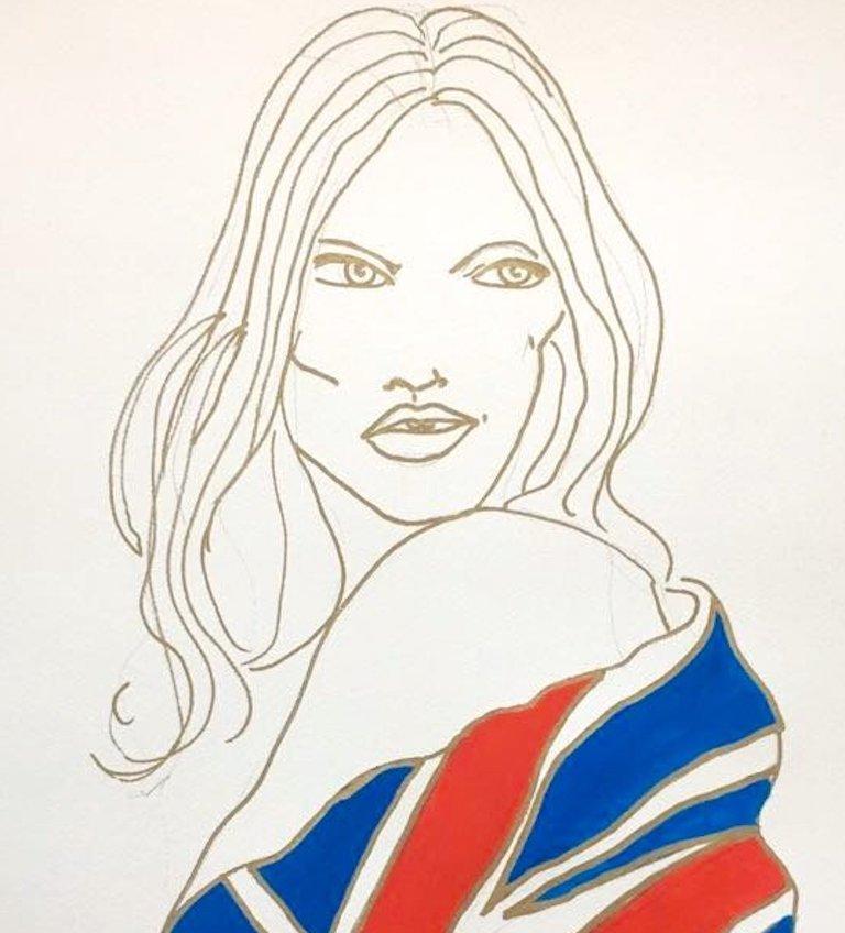 Union Jack Kate Moss, Watercolor and Gold Pen on Archival Paper - Painting by Manuel Santelices