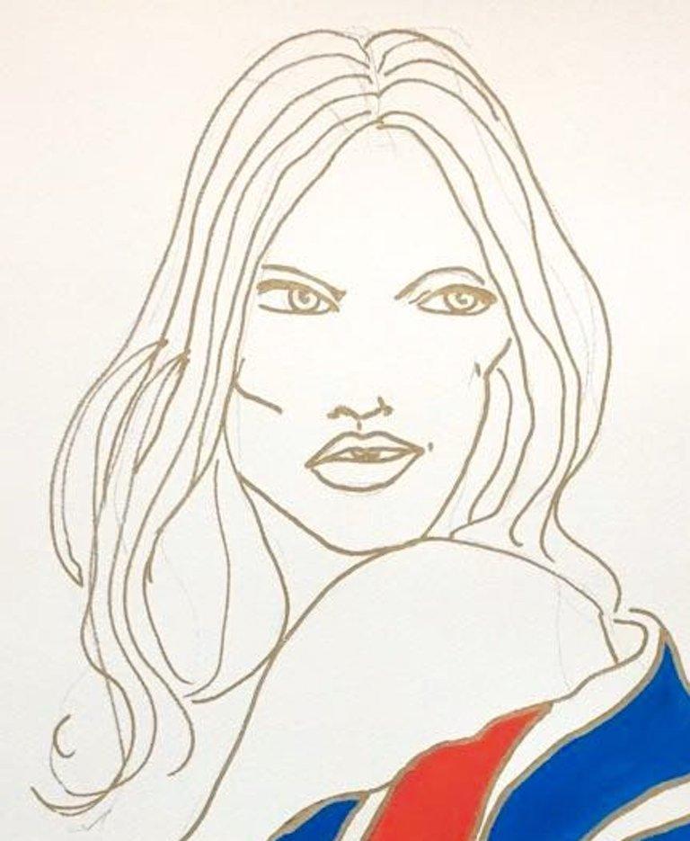 Union Jack Kate Moss, Watercolor and Gold Pen on Archival Paper - Contemporary Painting by Manuel Santelices