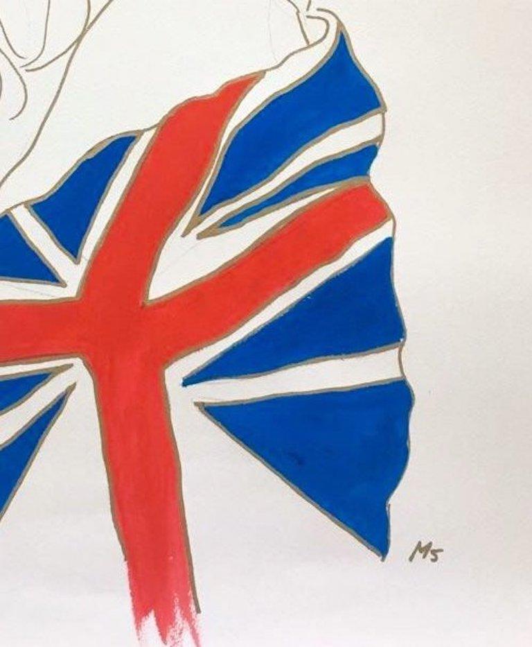 Union Jack Kate Moss by Manuel Santelices
34 in. H x 22 in. W 
Watercolor and Gold Marker on Paper
2017
---------------------------------------------------------
Manuel Santelices explores the world of fashion, society and pop culture through his
