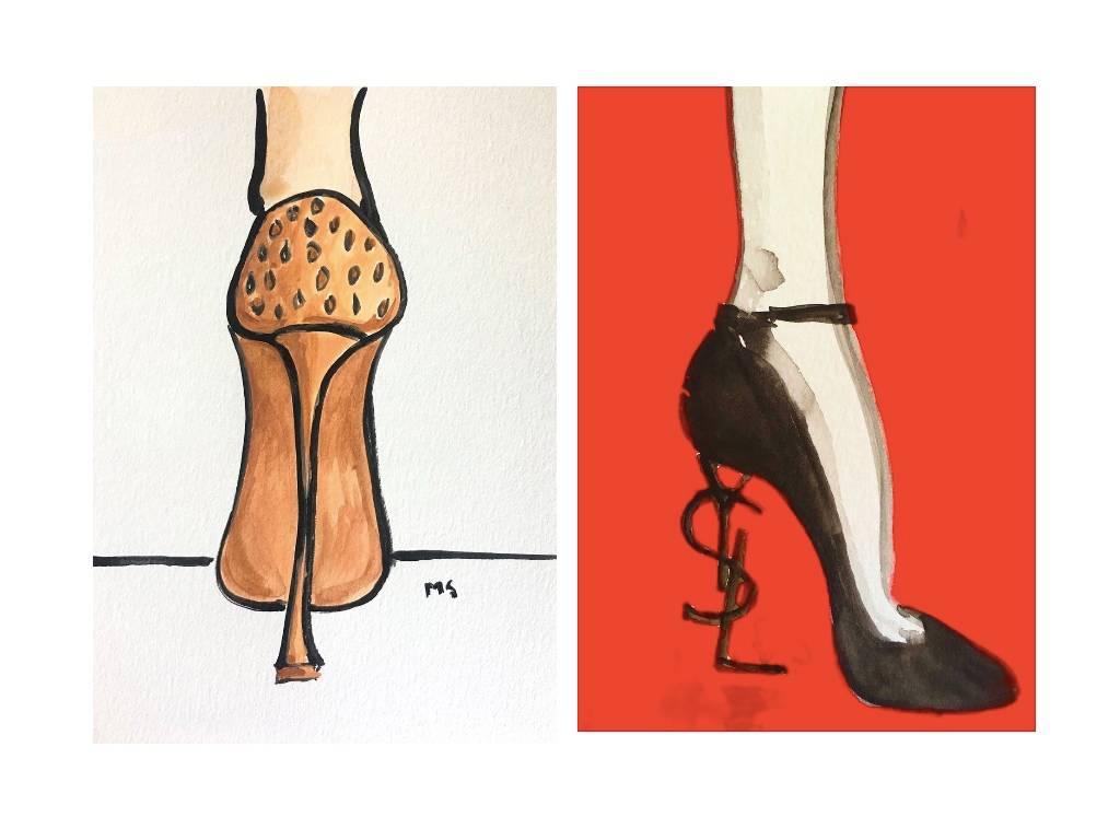 Manuel Santelices Figurative Painting - YSL Yves Saint Laurent & Giozeppe Zanotti High Heel Diptych  Watercolors