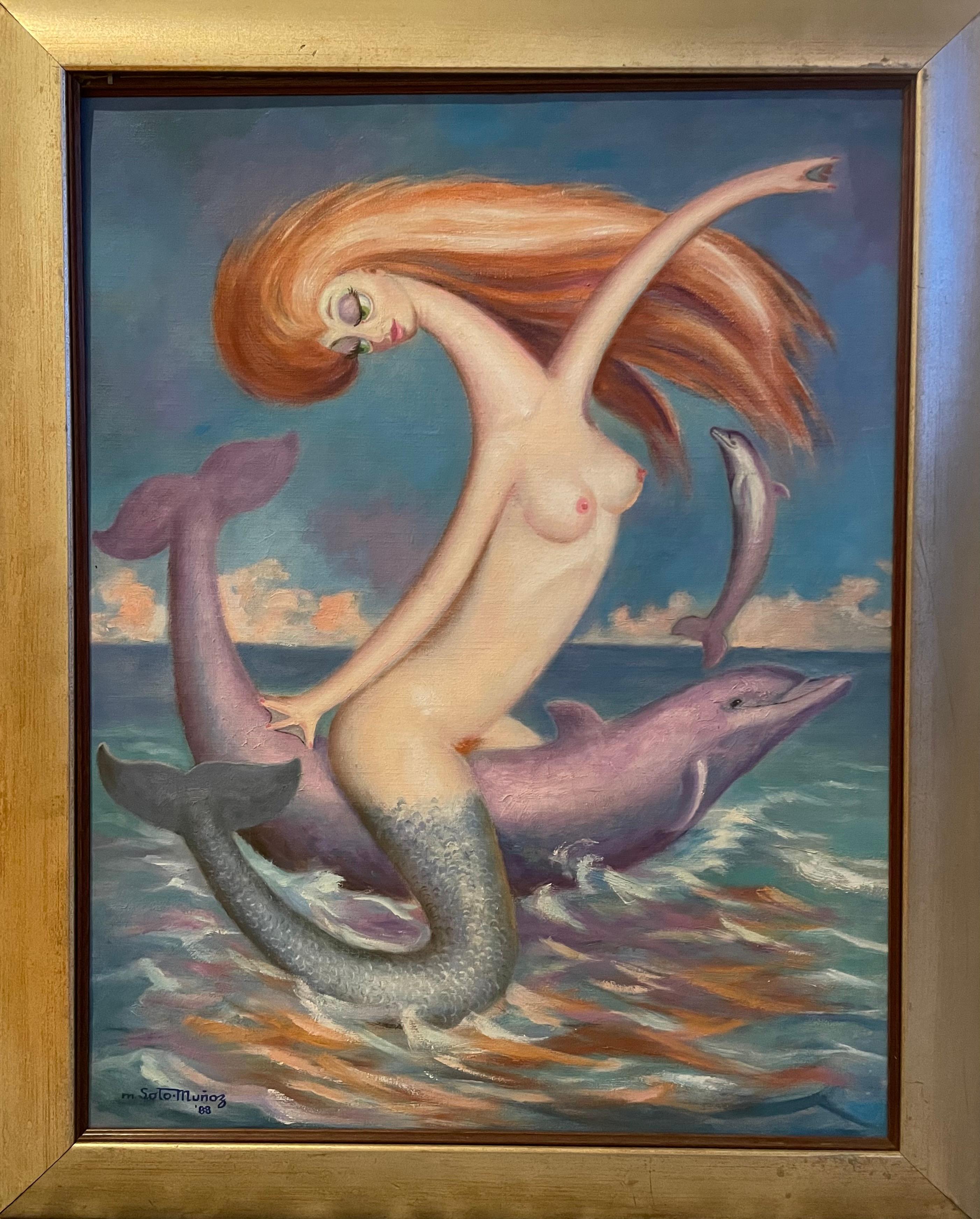 Sirena con delfini - Painting di Manuel Soto Munoz