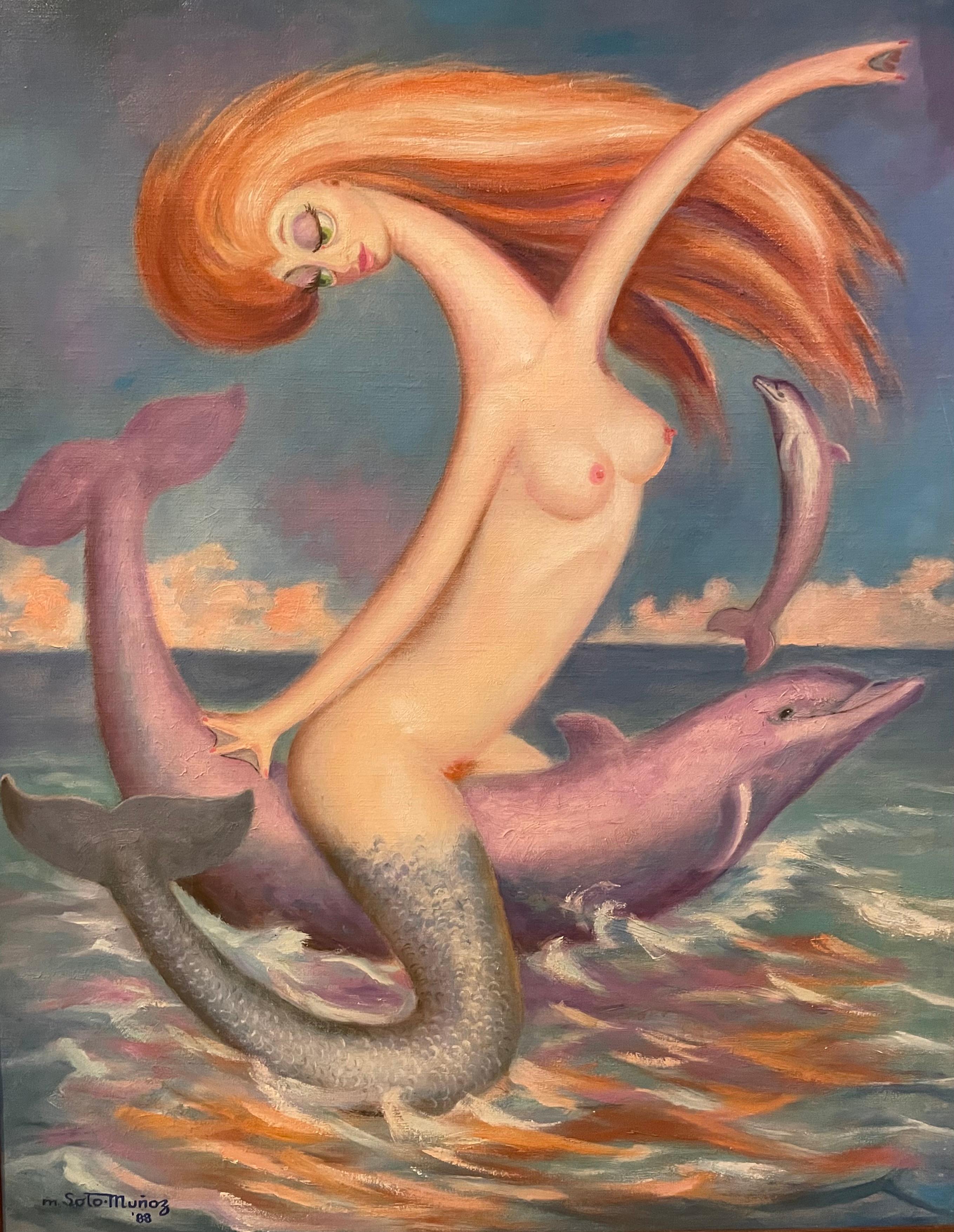 Manuel Soto Munoz Abstract Painting - Mermaid with dolphins