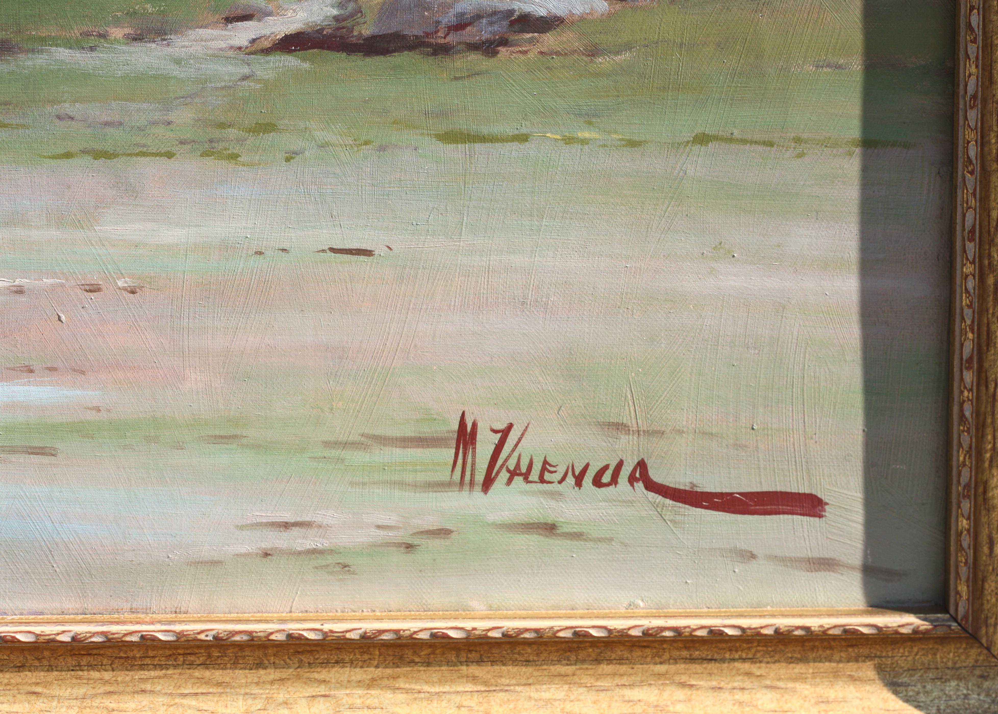 
Manuel Valencia, (American, 1856-1935)
Couple by a Lake, signed M Valencia, l.r., oil on canvas
29 by 50 in., overall in a giltwood frame 36 by 55.5 in.
Provenance: Property from the Estate of a Gentleman, Gladwyne, PA.
Condition Report
Relined,