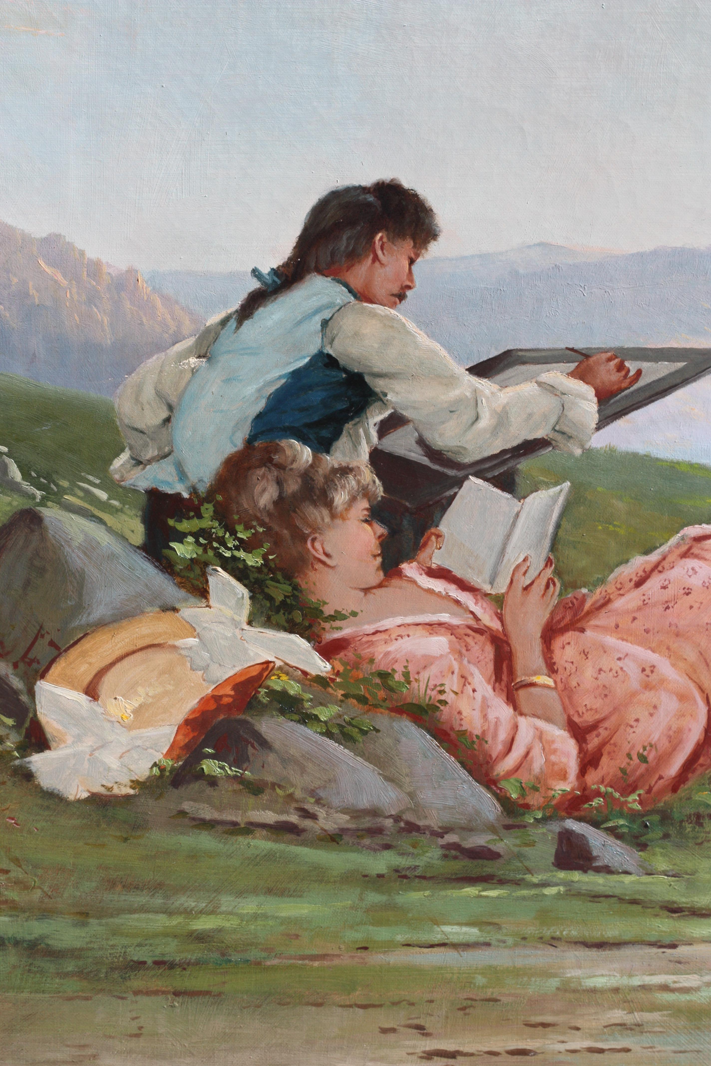 20th Century Manuel Valencia, (American, 1856-1935) Couple by a Lake, signed M Valencia For Sale