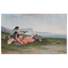 Manuel Valencia, (American, 1856-1935) Couple by a Lake, signed M Valencia
