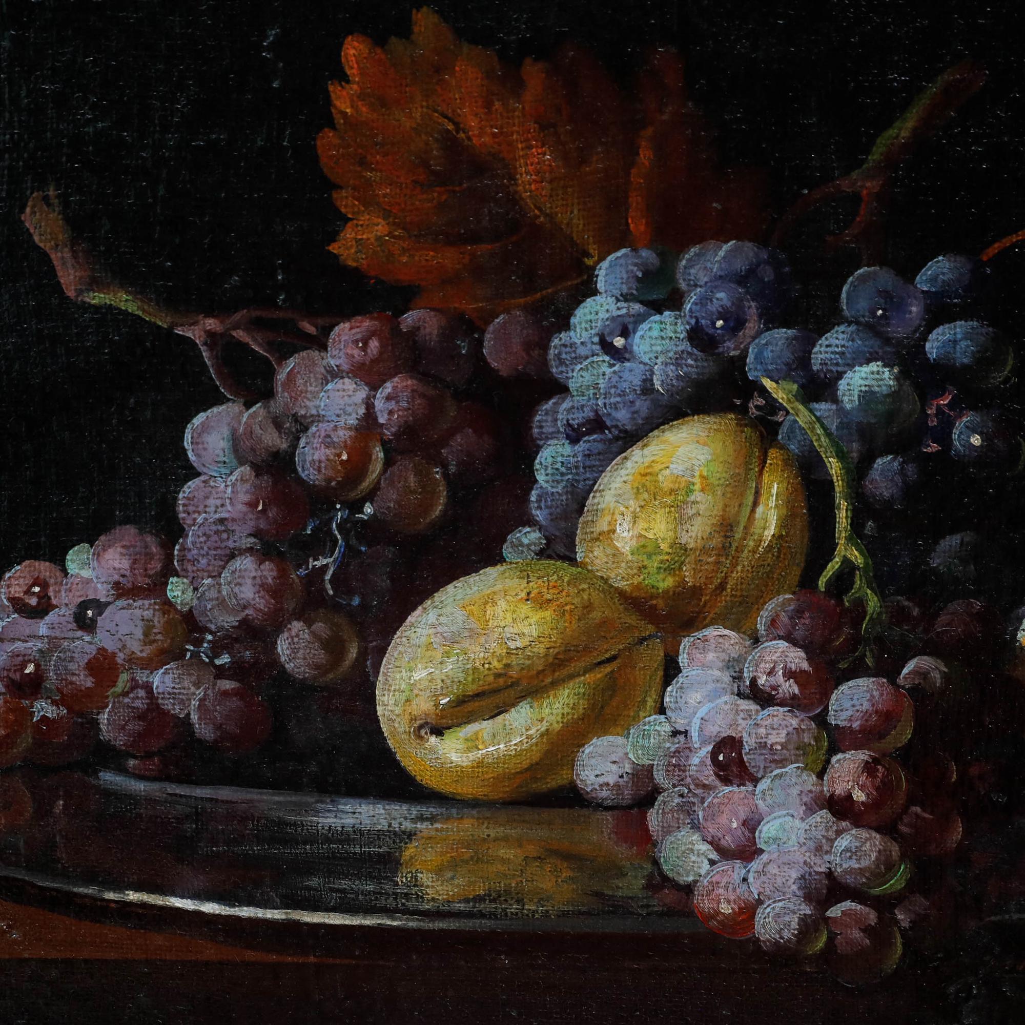 Manuel Ventura Millan (1923-1984) Spanish, oil on canvas. Still life of grapes and plums on a silver charger. Signed 'M. V. Millan' to the lower right. 