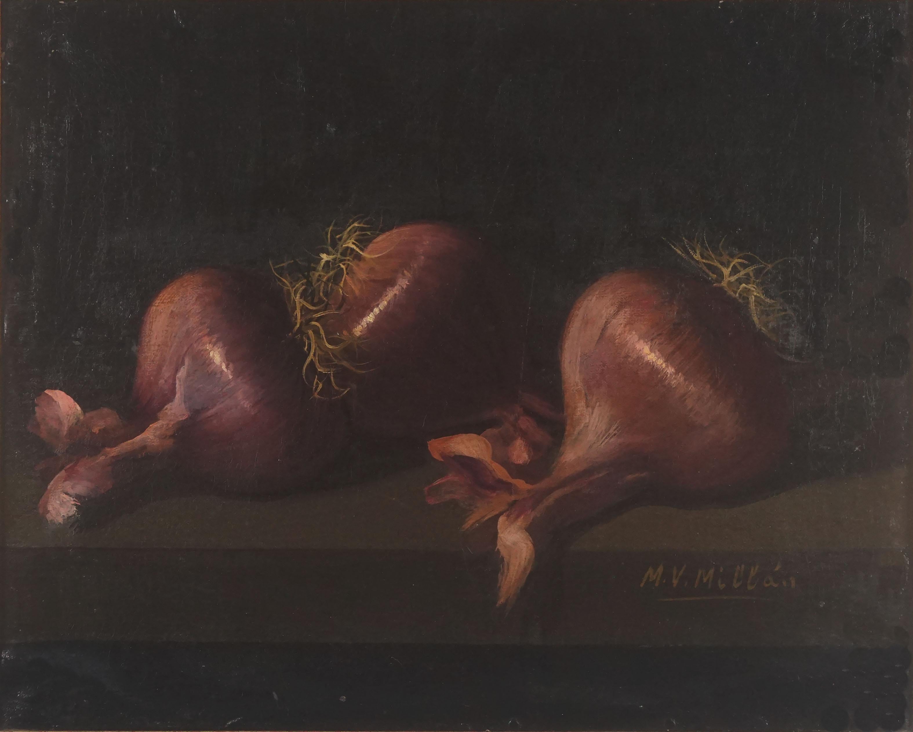 Red Onions, Mid-Century Realist Kitchen Still-Life  - Painting by Manuel Ventura Millán