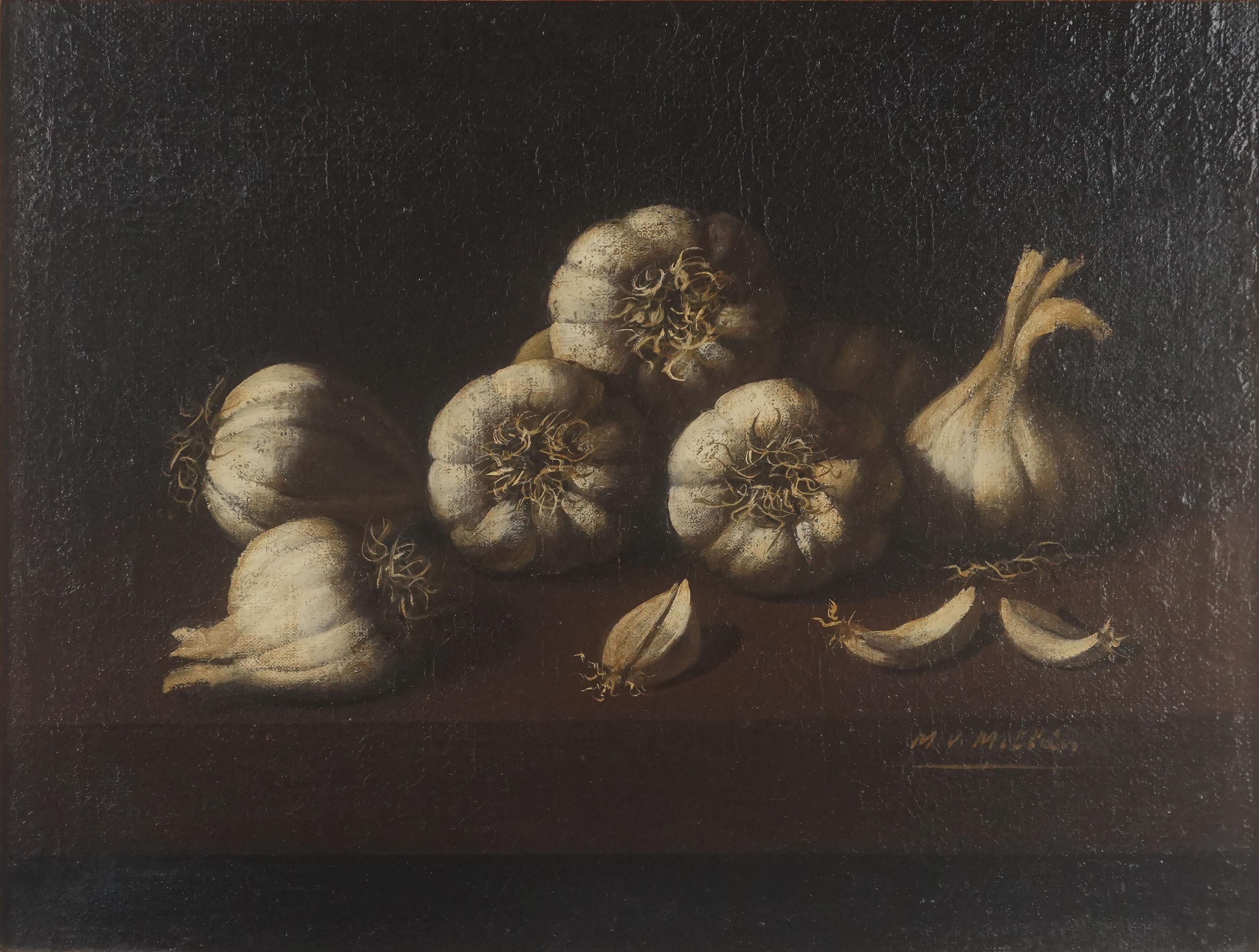 White Garlic Cloves, Mid Century Realist Kitchen Still-Life  - Painting by Manuel Ventura Millán