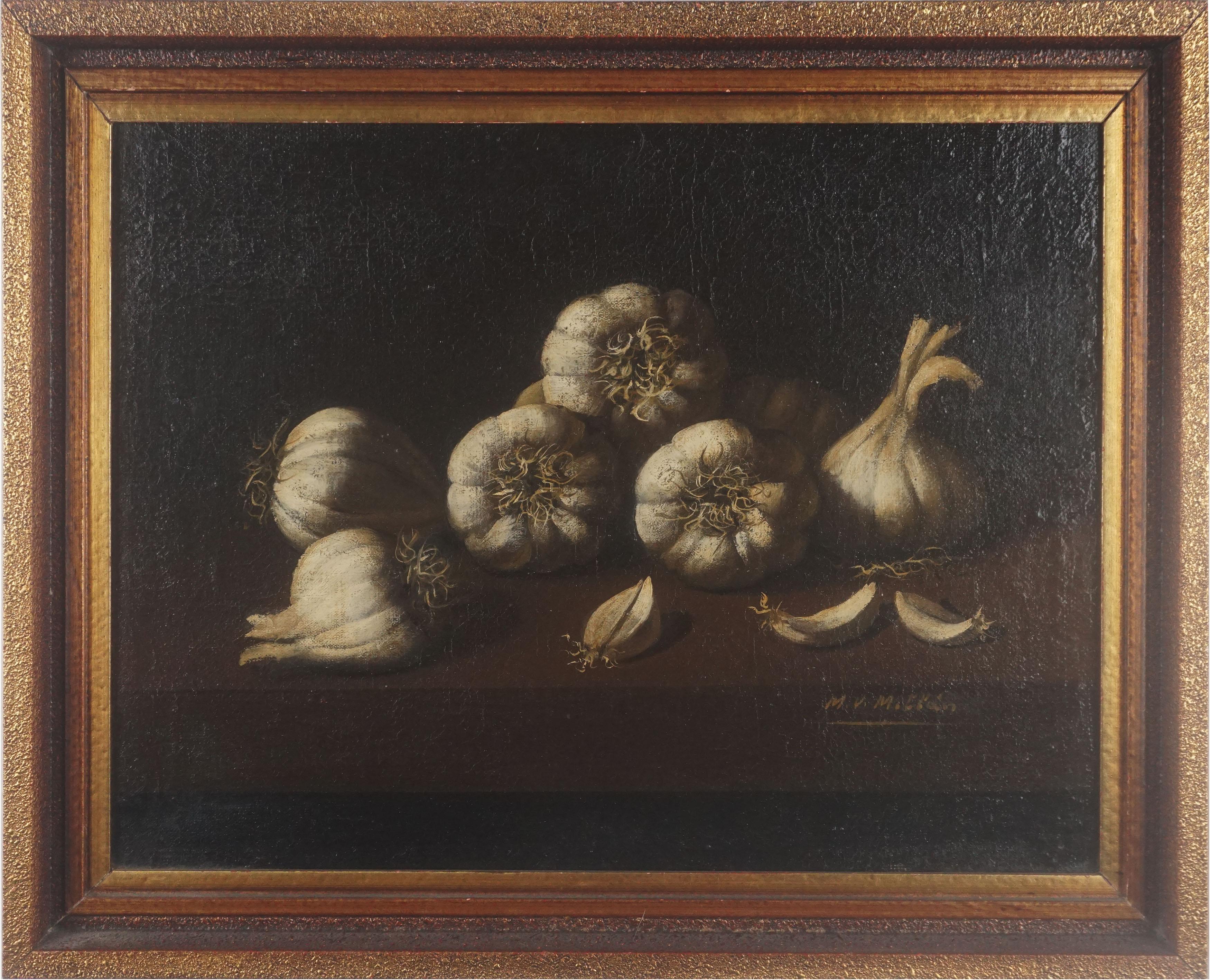 Manuel Ventura Millán Still-Life Painting - White Garlic Cloves, Mid Century Realist Kitchen Still-Life 