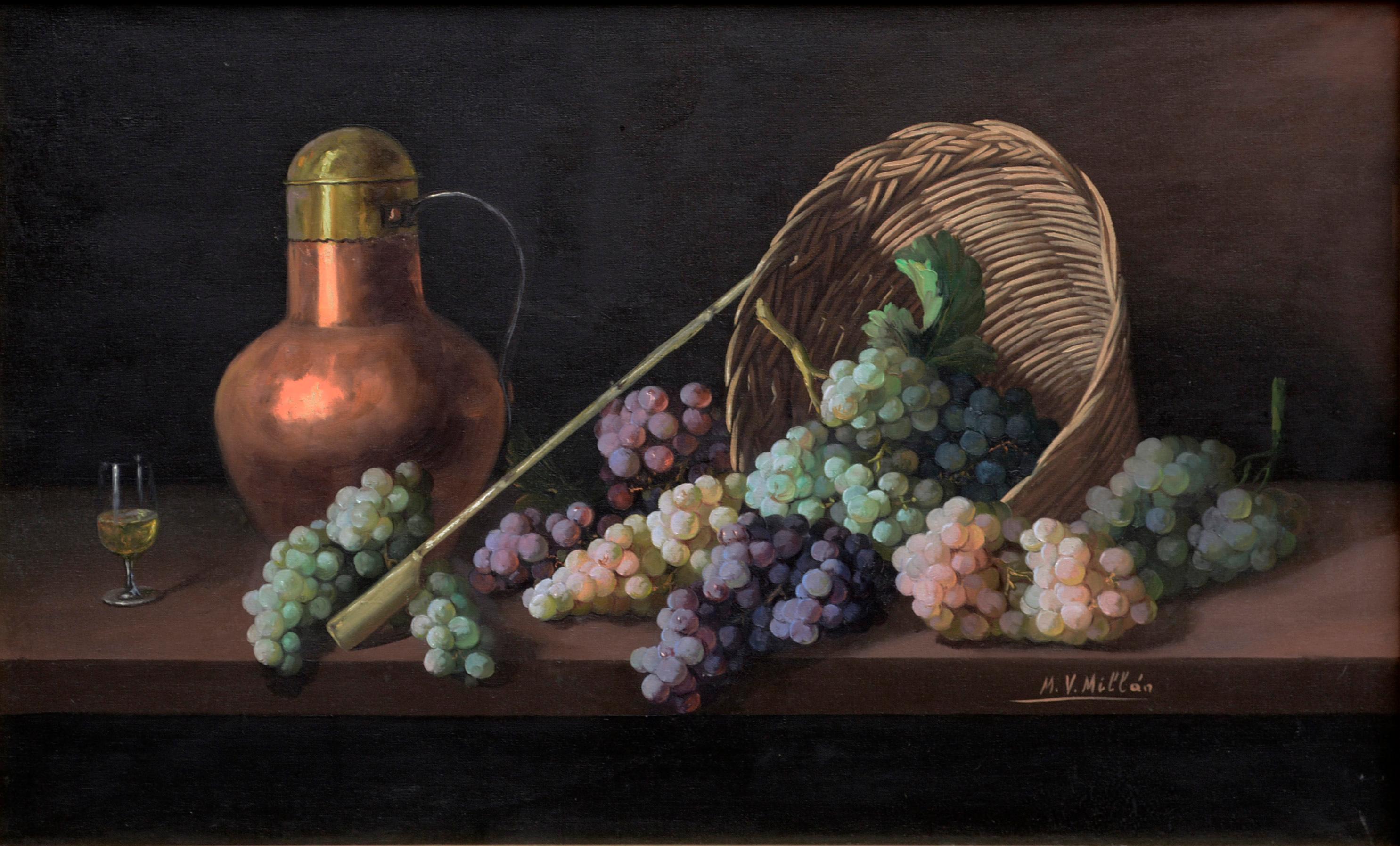 Stillleben aus der Mitte des Jahrhunderts mit Trauben, Kupfergefäß und Wein  – Painting von Manuel Ventura Millán