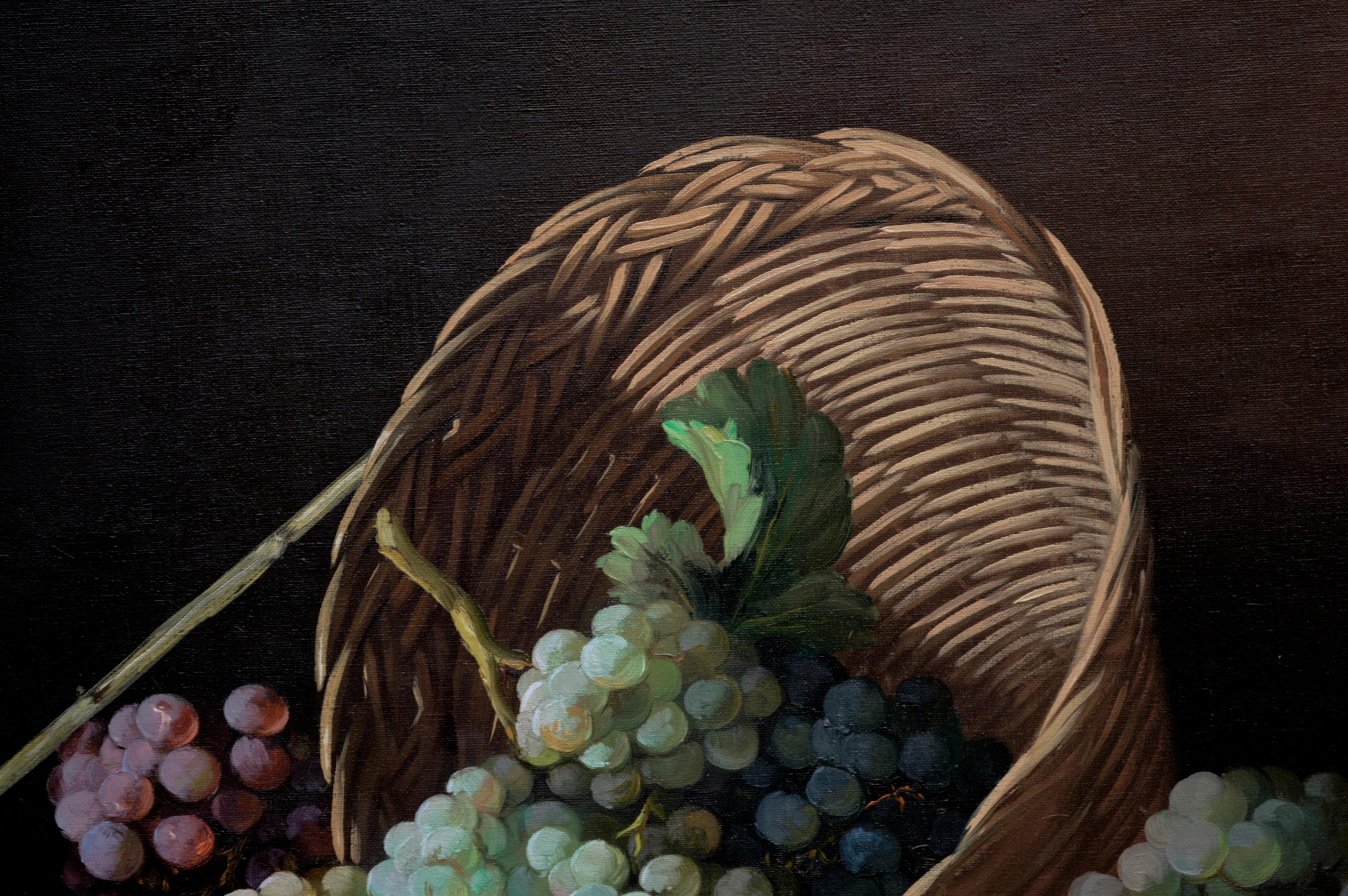 Stillleben aus der Mitte des Jahrhunderts mit Trauben, Kupfergefäß und Wein  im Angebot 1