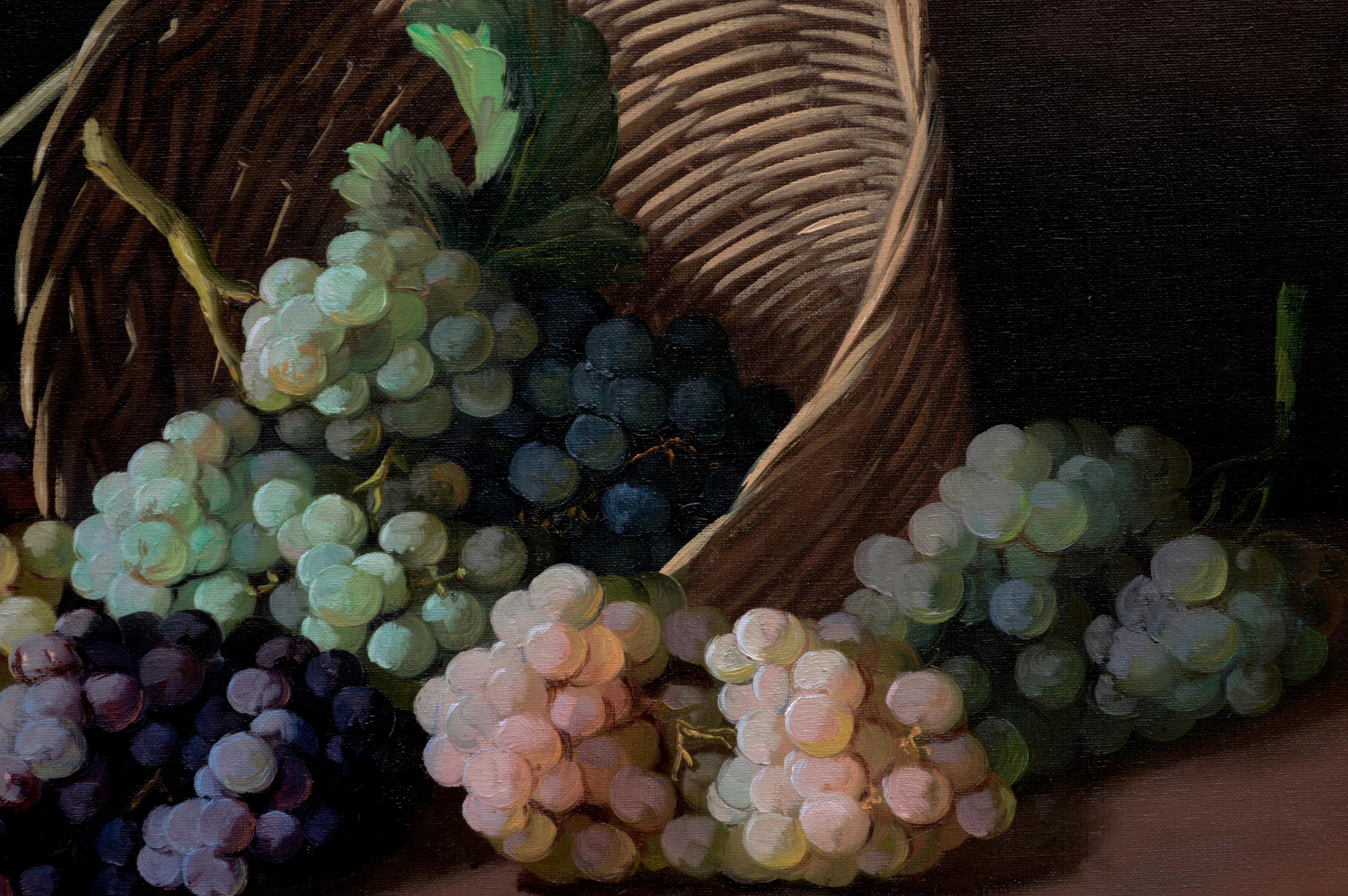 Mid Century Still-Life with Grapes, Copper Vessel & Wine - Black Still-Life Painting by Manuel Ventura Millán