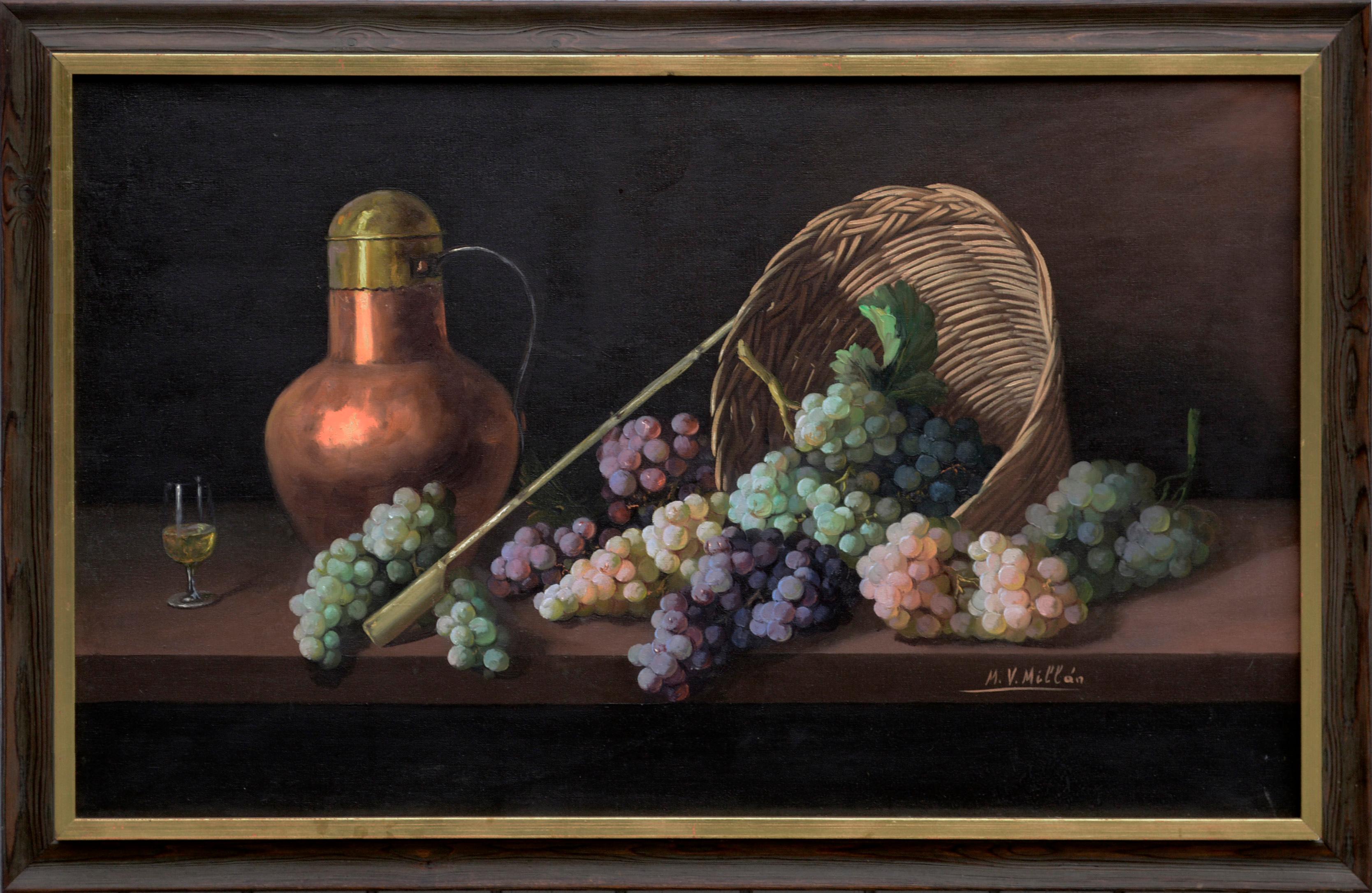 Still-Life Painting Manuel Ventura Millán - Nature morte du milieu du siècle avec raisins, récipient en cuivre et vin 