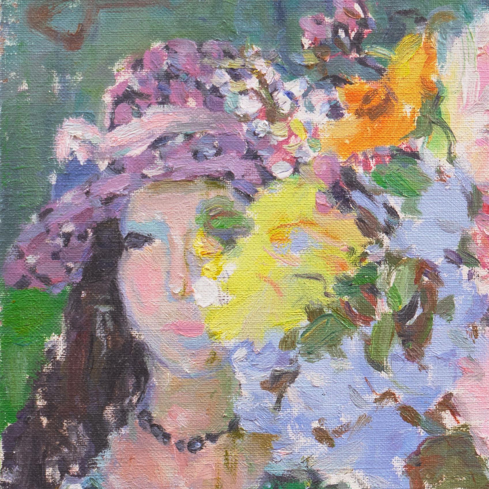 Signed lower left, 'M. V. Mujica' for Manuel Vicente Mujica (Venezuelan, 1924-2002).

A bright and breezy oil painting of a dark-haired young woman wearing a wide-brimmed, floral hat and seated at a table decorated with a large vase of flowers. A