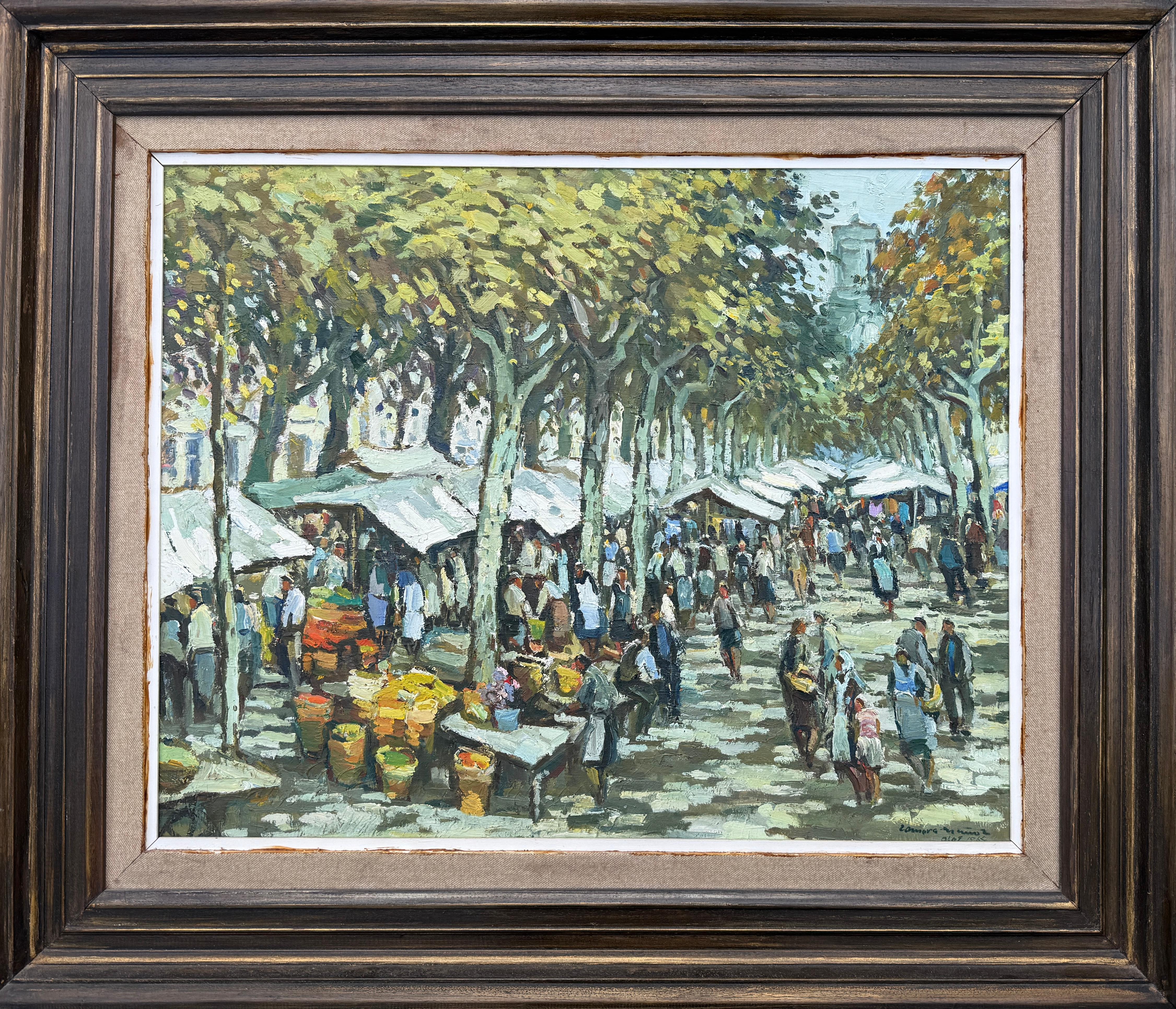 Mercato di Olot Spagna olio su tela pittura paesaggio urbano spagnolo - Painting di Manuel Zamora Muñoz
