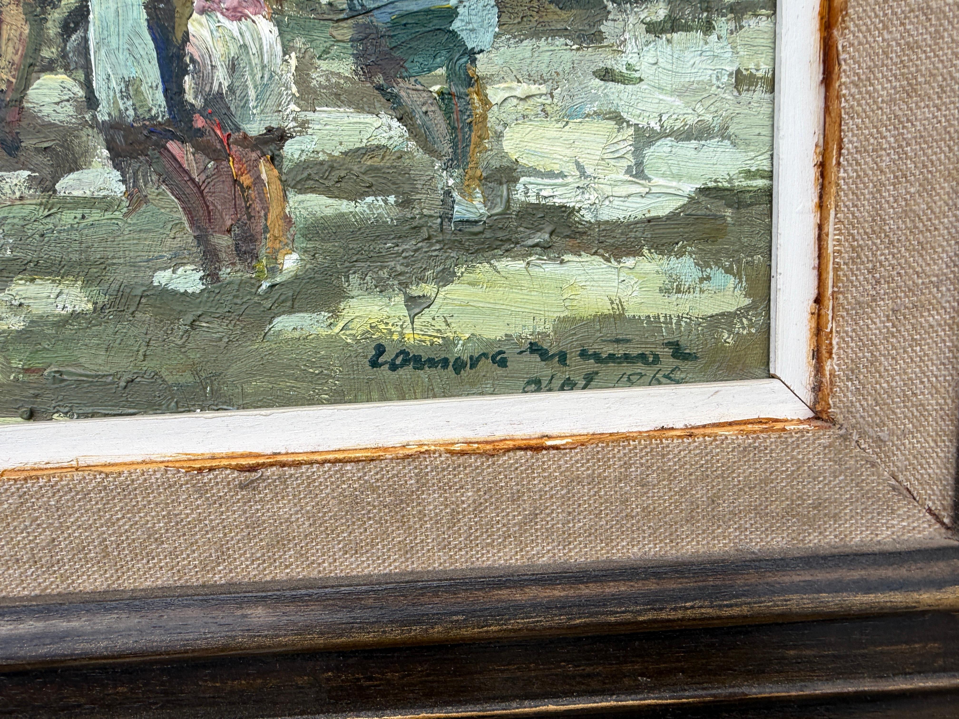Mercato di Olot Spagna olio su tela pittura paesaggio urbano spagnolo - Painting Postimpressionismo di Manuel Zamora Muñoz