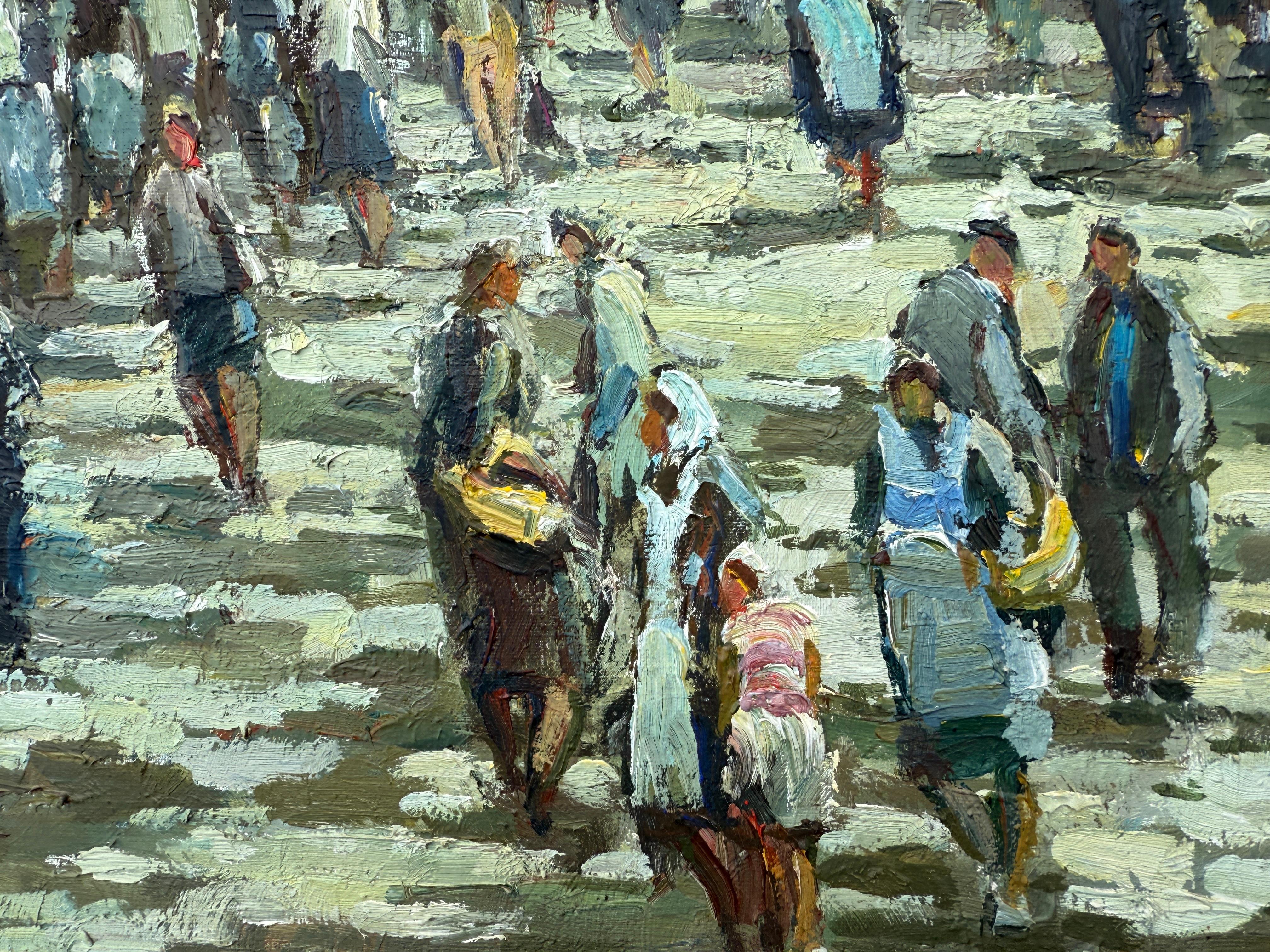 Mercato di Olot Spagna olio su tela pittura paesaggio urbano spagnolo - Landscape Painting Grigio di Manuel Zamora Muñoz