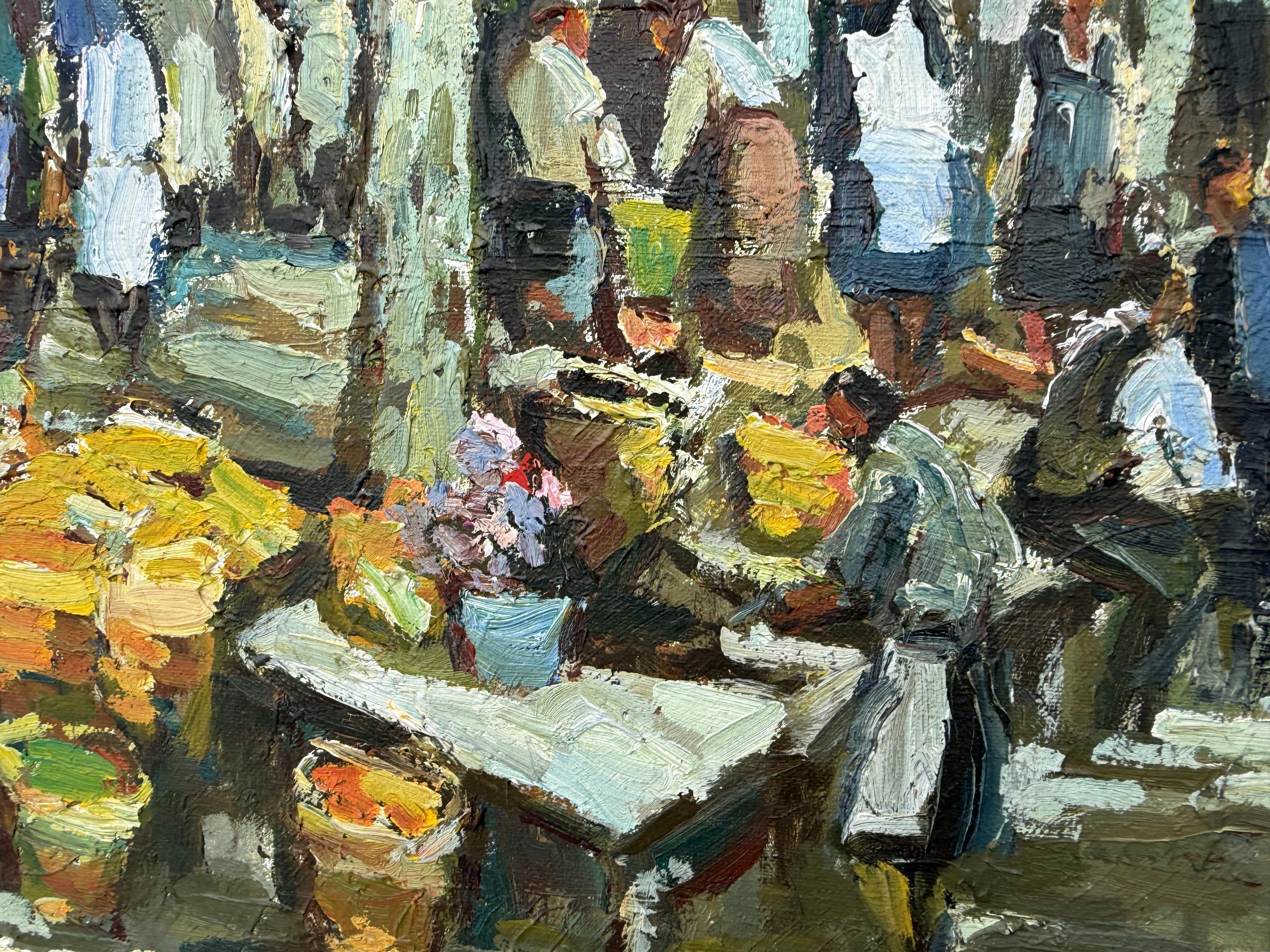 Mercato di Olot Spagna olio su tela pittura paesaggio urbano spagnolo in vendita 1