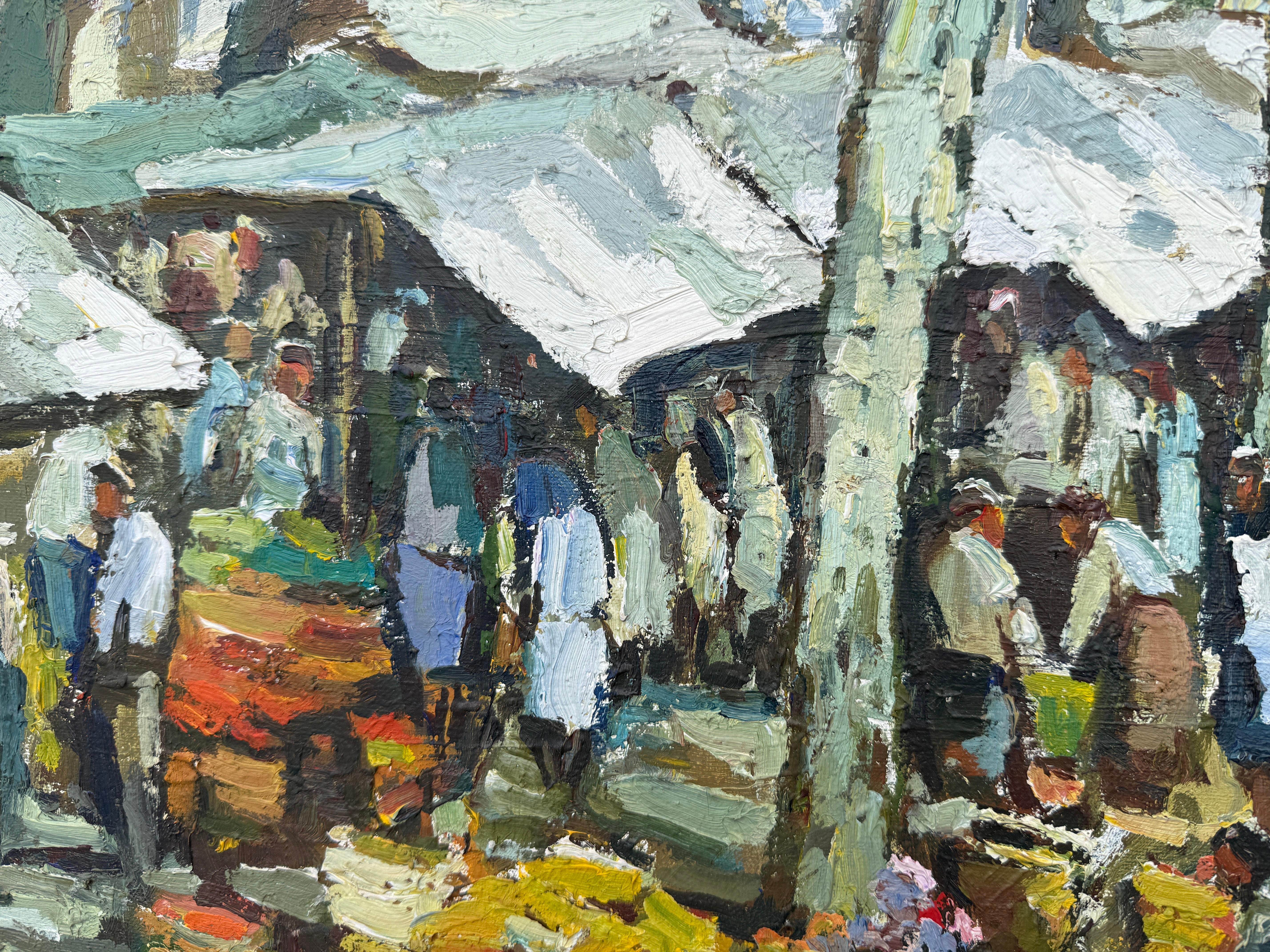 Mercato di Olot Spagna olio su tela pittura paesaggio urbano spagnolo in vendita 2