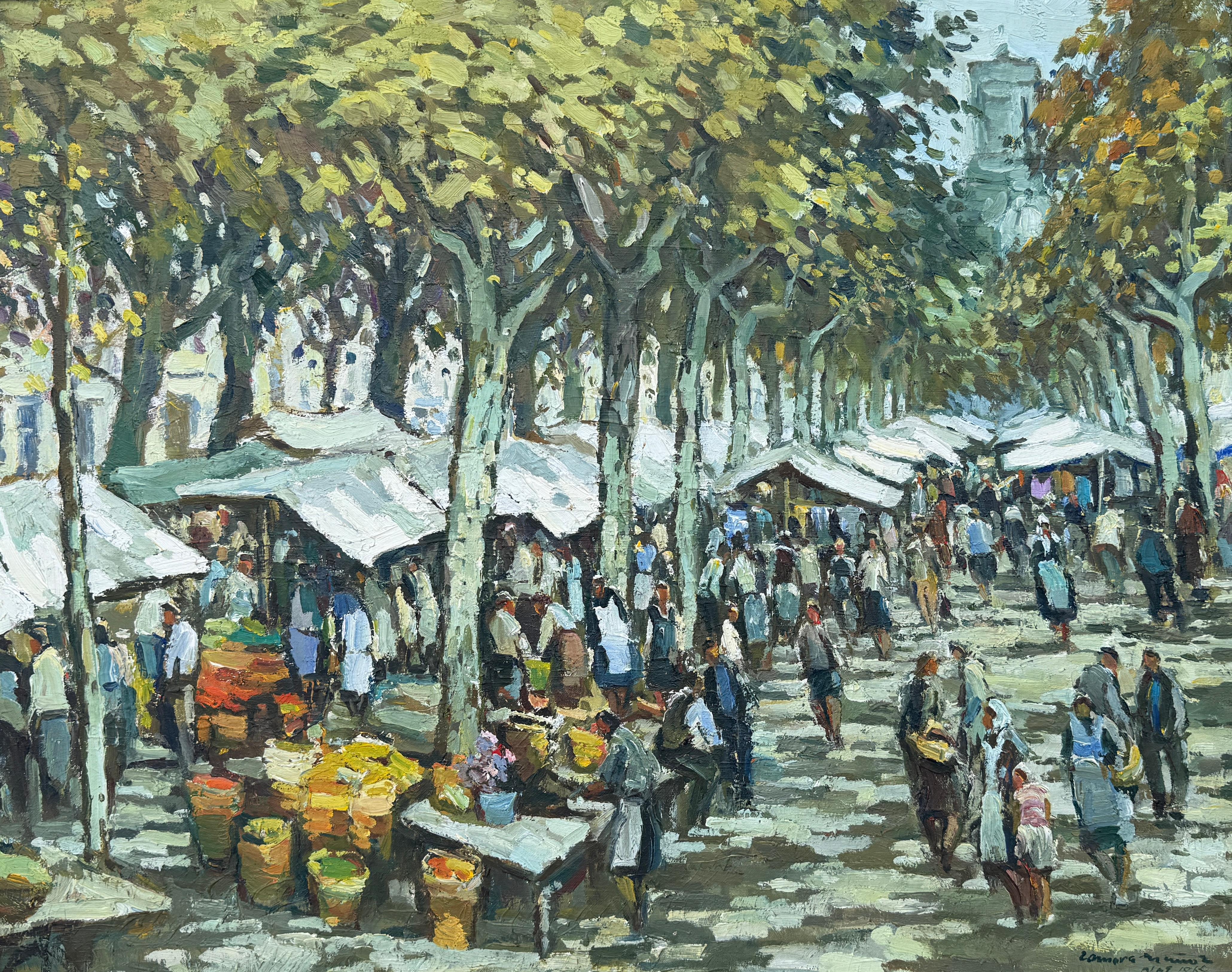 Landscape Painting di Manuel Zamora Muñoz - Mercato di Olot Spagna olio su tela pittura paesaggio urbano spagnolo