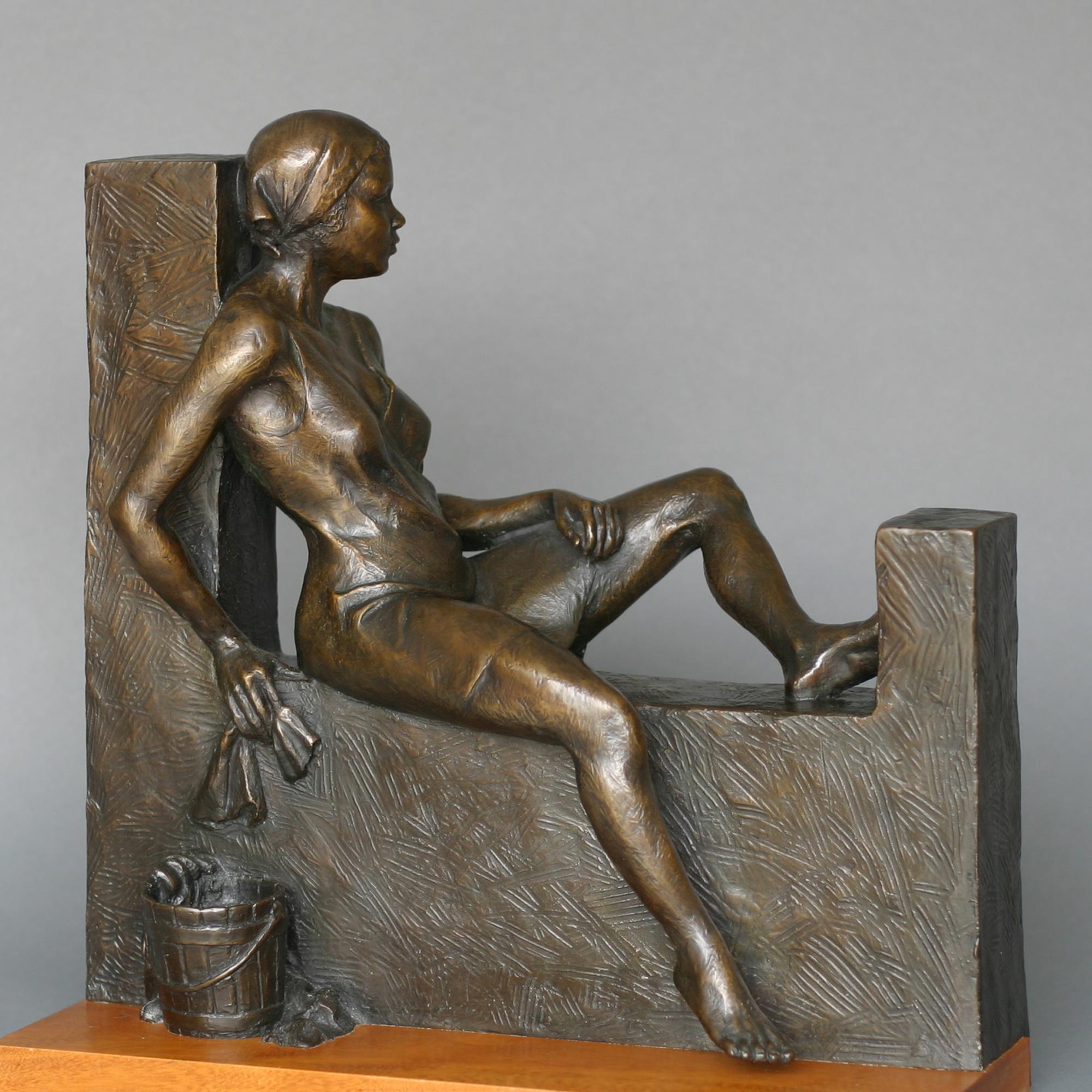 Manuelita Brown Figurative Sculpture -  A Figurative Impressionist Bronze Metal Sculpture, "Just A Minute" 