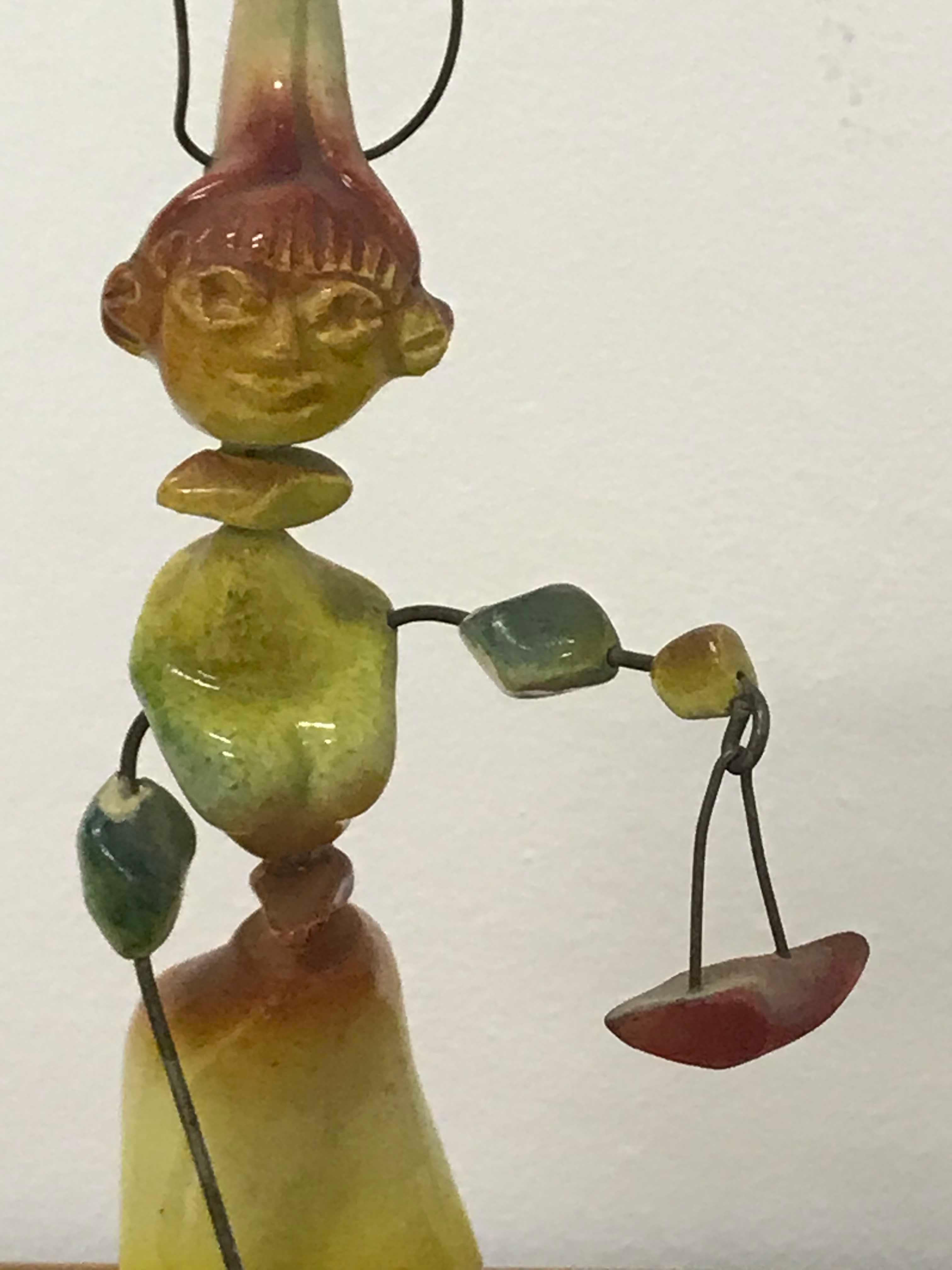 Manufacture Accolay, rare small ceramic sculpture assembled using metal wires.
Measures: Height of the woman 22 cm, height of the cat 8.5 cm.