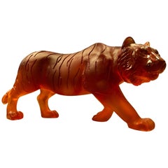 Manufacture Daum France, Sculpture in Crystal Paste, Amber Tiger, 2018