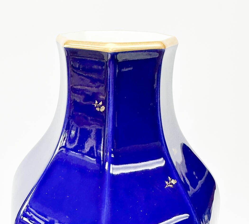 French  Manufacture de Sevres Cobalt Blue Gilt Florals Porcelain Octagonal Vase 1935