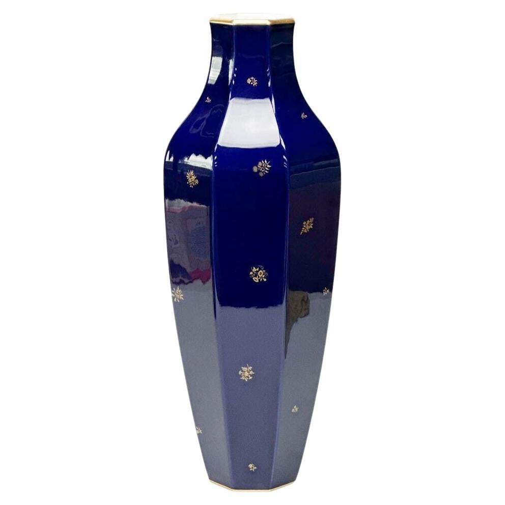  Manufacture de Sevres Cobalt Blue Gilt Florals Porcelain Octagonal Vase 1935