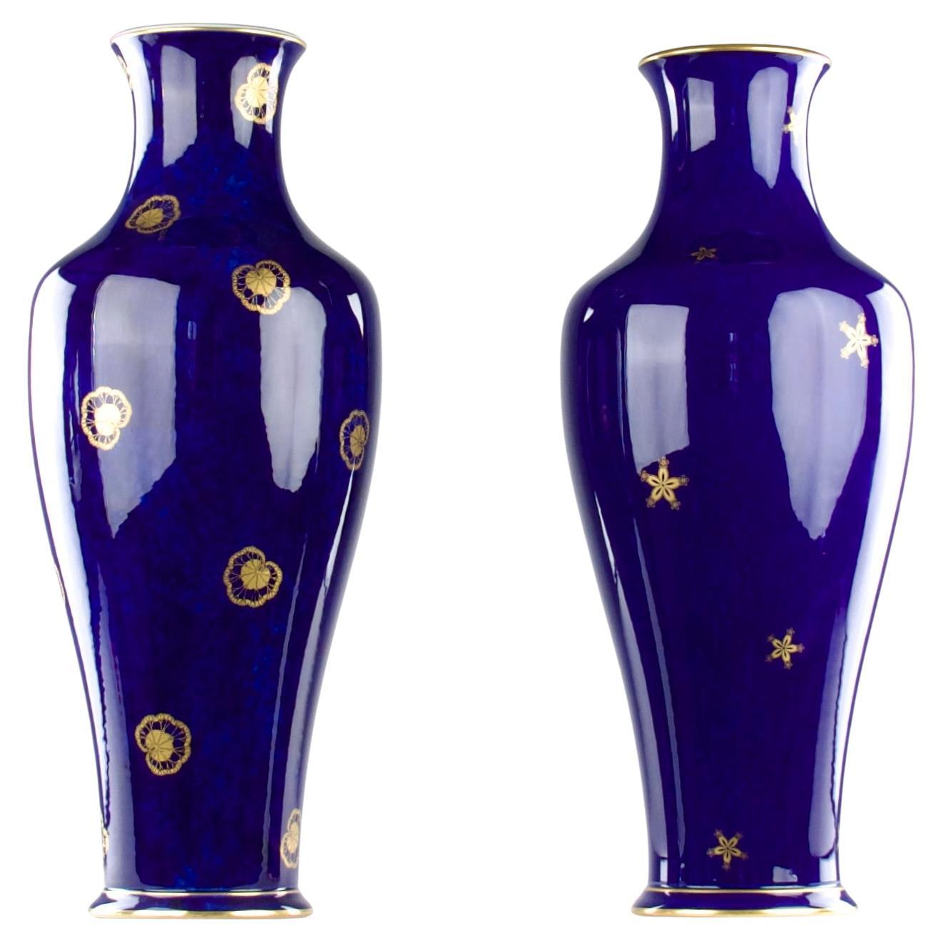 Manufacture de Sèvres, Pair of Tall (60cm) Blue and Gold Vases, France 1900s For Sale