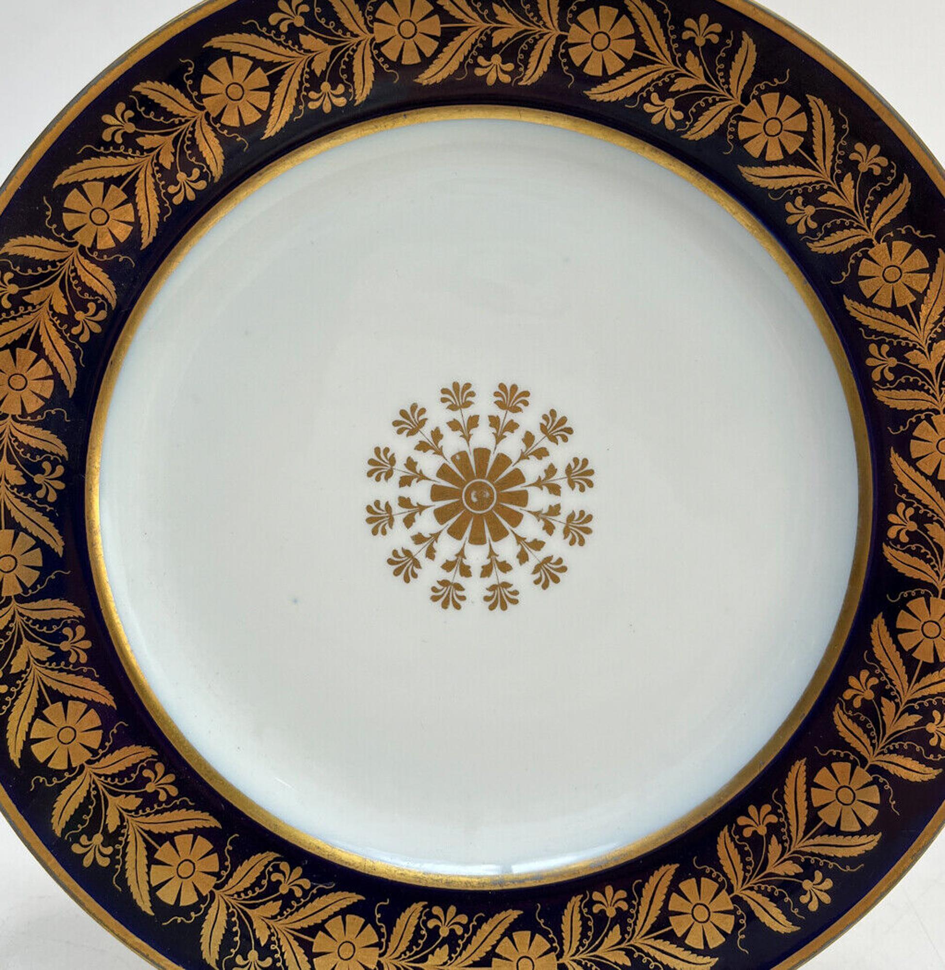 Manufacture de Sevres Porcelain Cabinet Plate, 1855. Cobalt blue ground with a gilt floral medallion to the center and florals to the rim. Manufacture de Sevres mark to the underside with various incised letters and numbers.

Additional