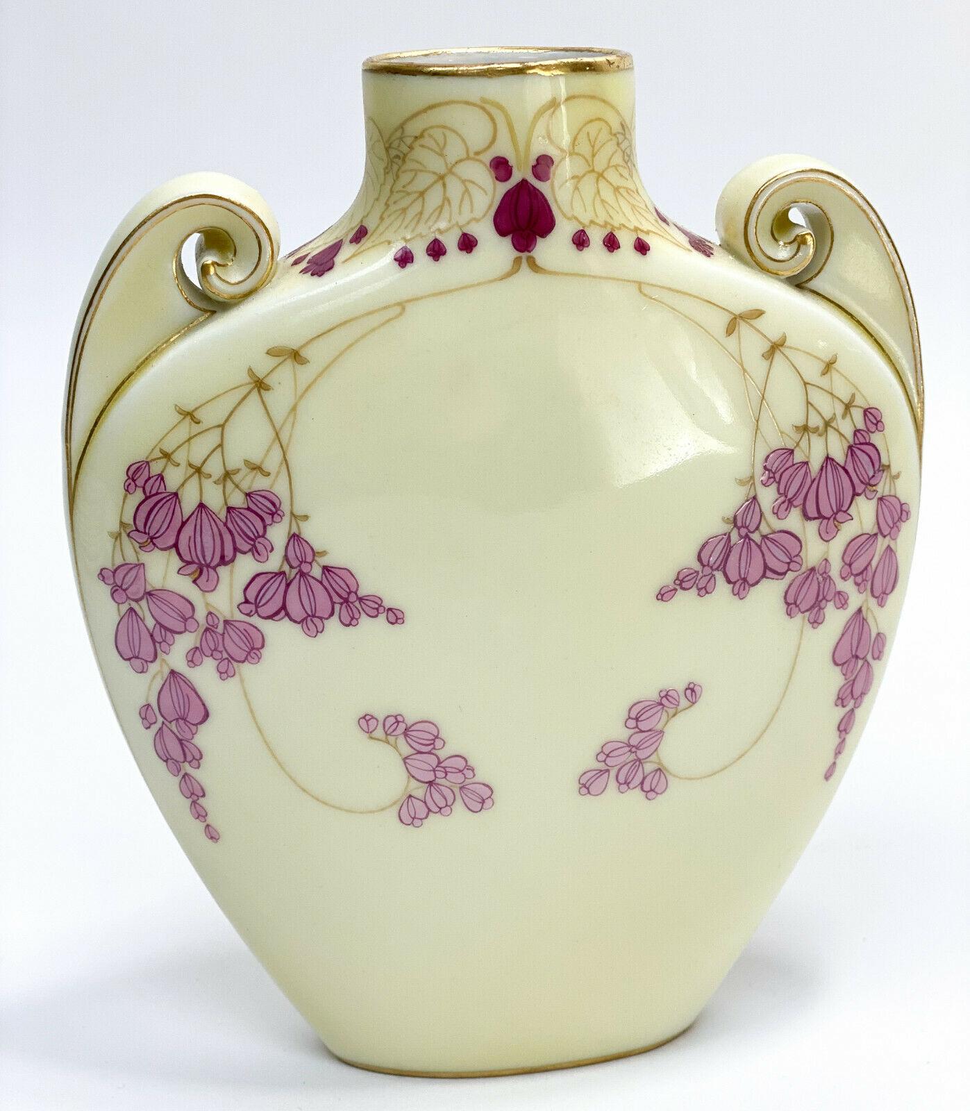 French Manufacture de Sevres Porcelain Twin Handled Vase Pink Flowers, 1911